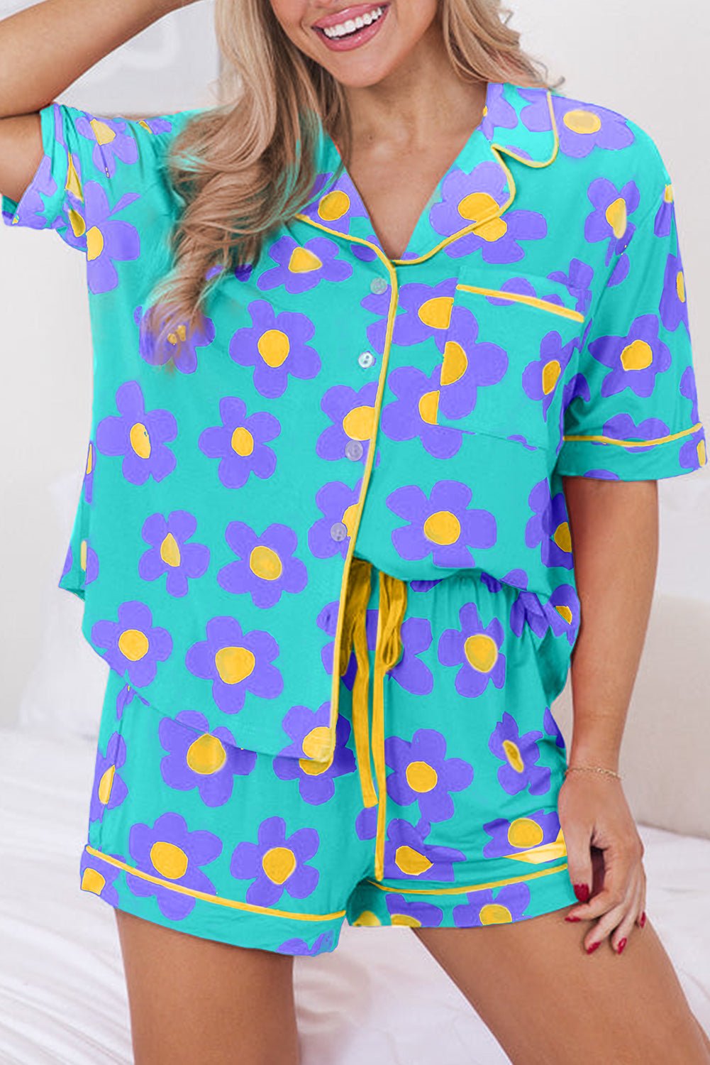 Crowned Energy CO. Green / S / 95%Polyester+5%Elastane Dear-Lover Dropshipping Loungewear & Sleepwear/Sleepwear Green Flower Print Short Sleeve Shirt Pajamas Set