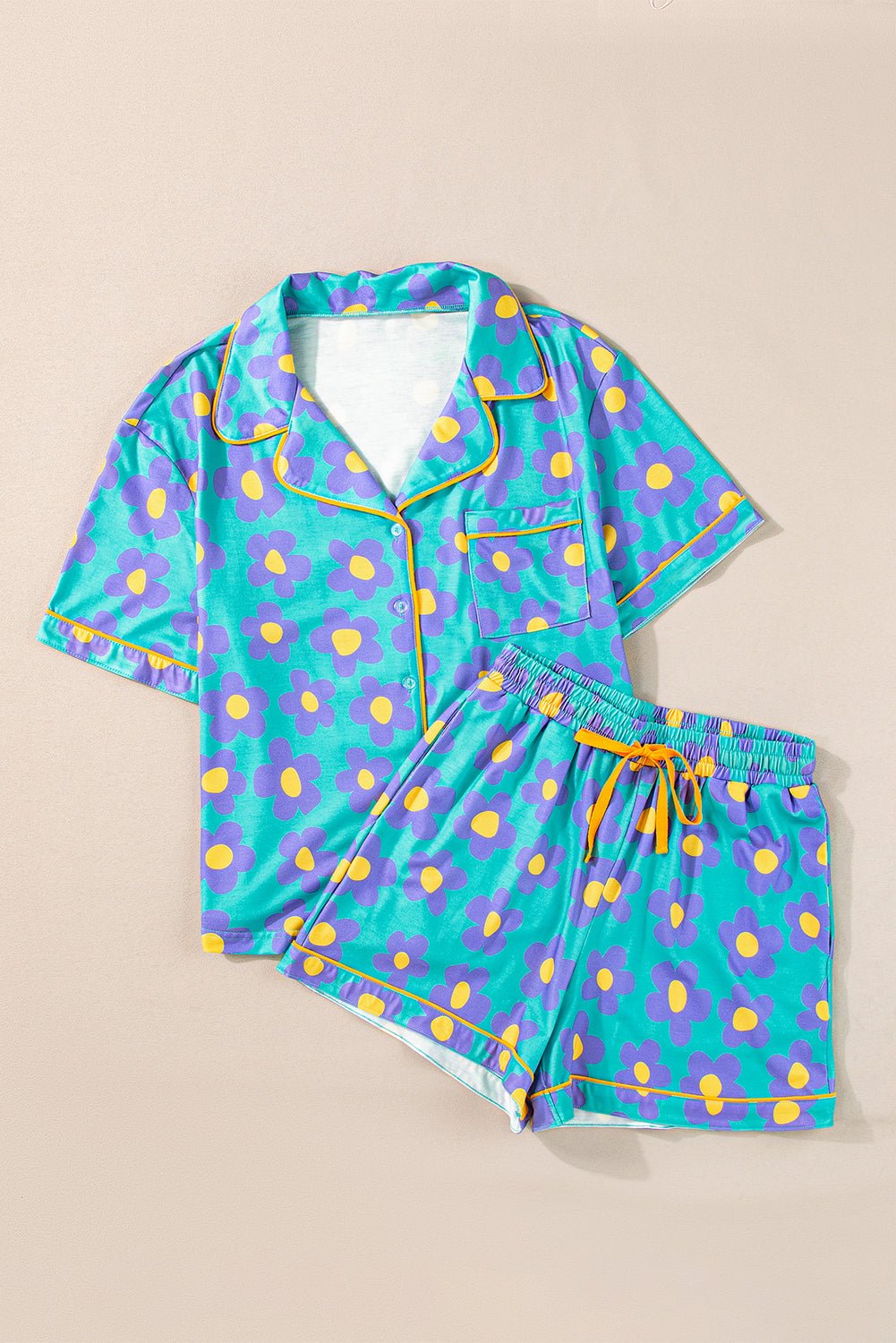 Crowned Energy CO. Green / S / 95%Polyester+5%Elastane Dear-Lover Dropshipping Loungewear & Sleepwear/Sleepwear Green Flower Print Short Sleeve Shirt Pajamas Set