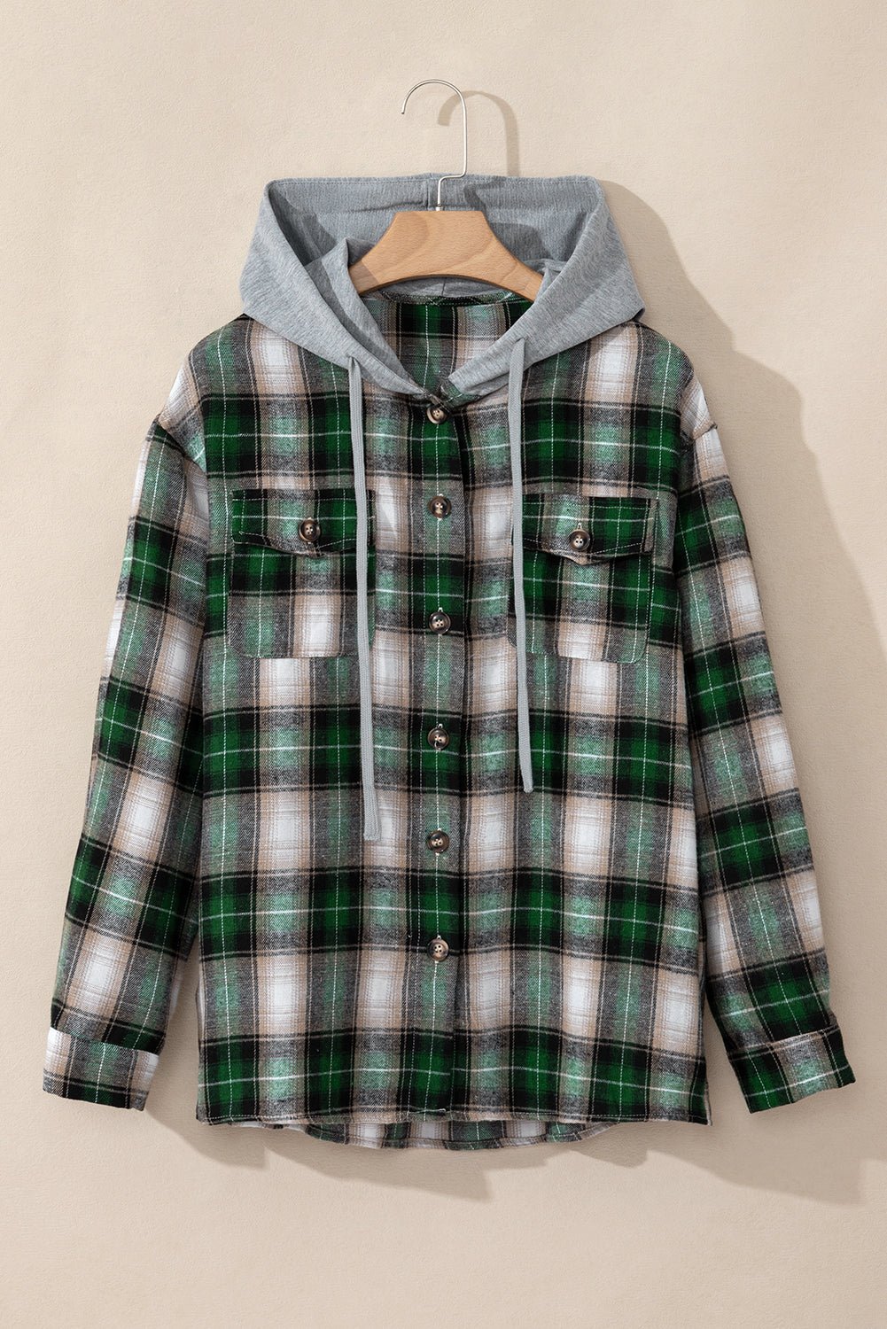 Crowned Energy CO. Green / S / 62.7%Polyester+37.3%Cotton Dear-Lover Dropshipping Outerwear/Plaid Shackets Green Plaid Print Chest Pocket Buttoned Hooded Shacket