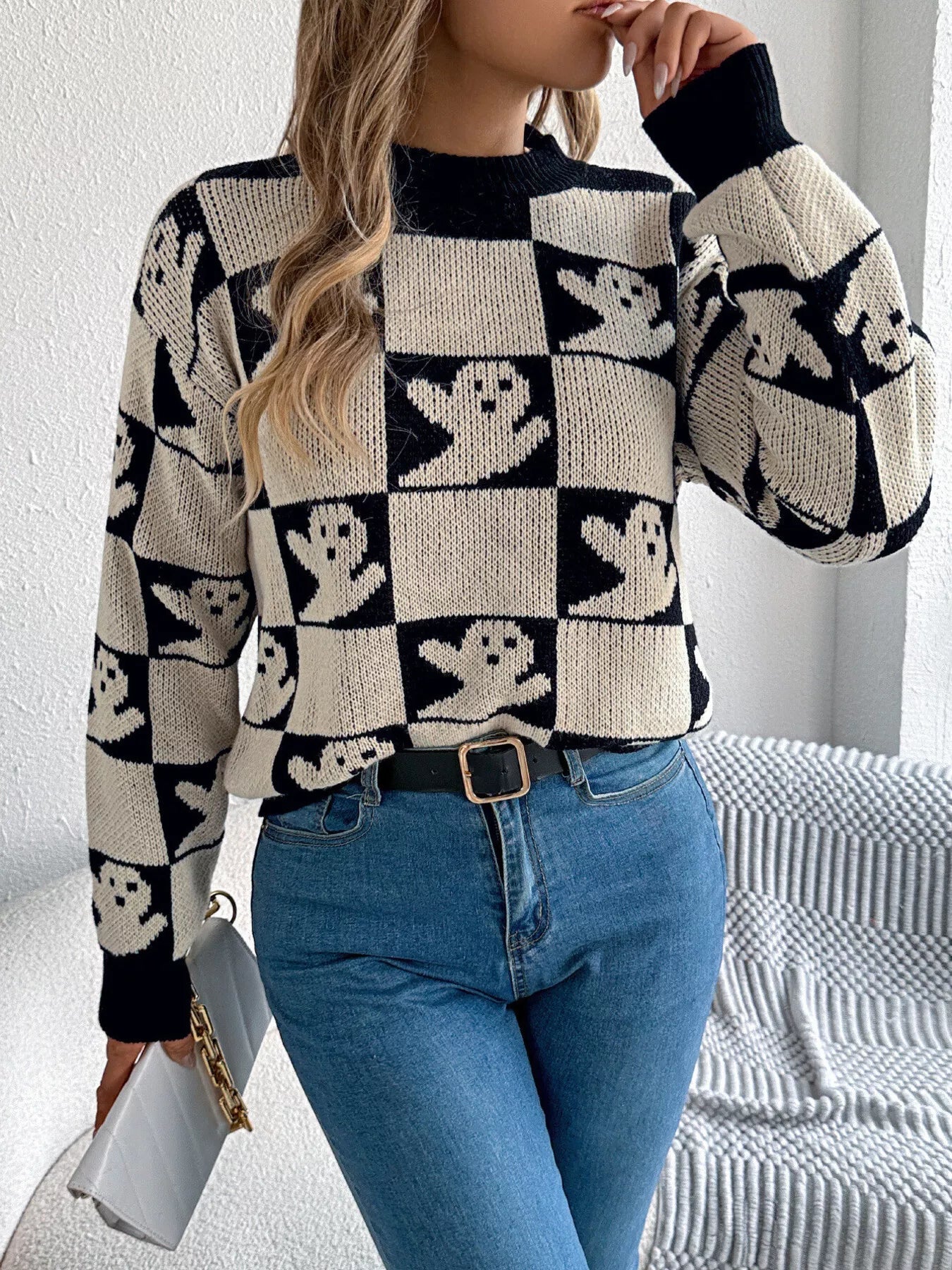 Crowned Energy CO. Apricot / S Trendsi Halloween Ghost Pattern Checkered Round Neck Sweater