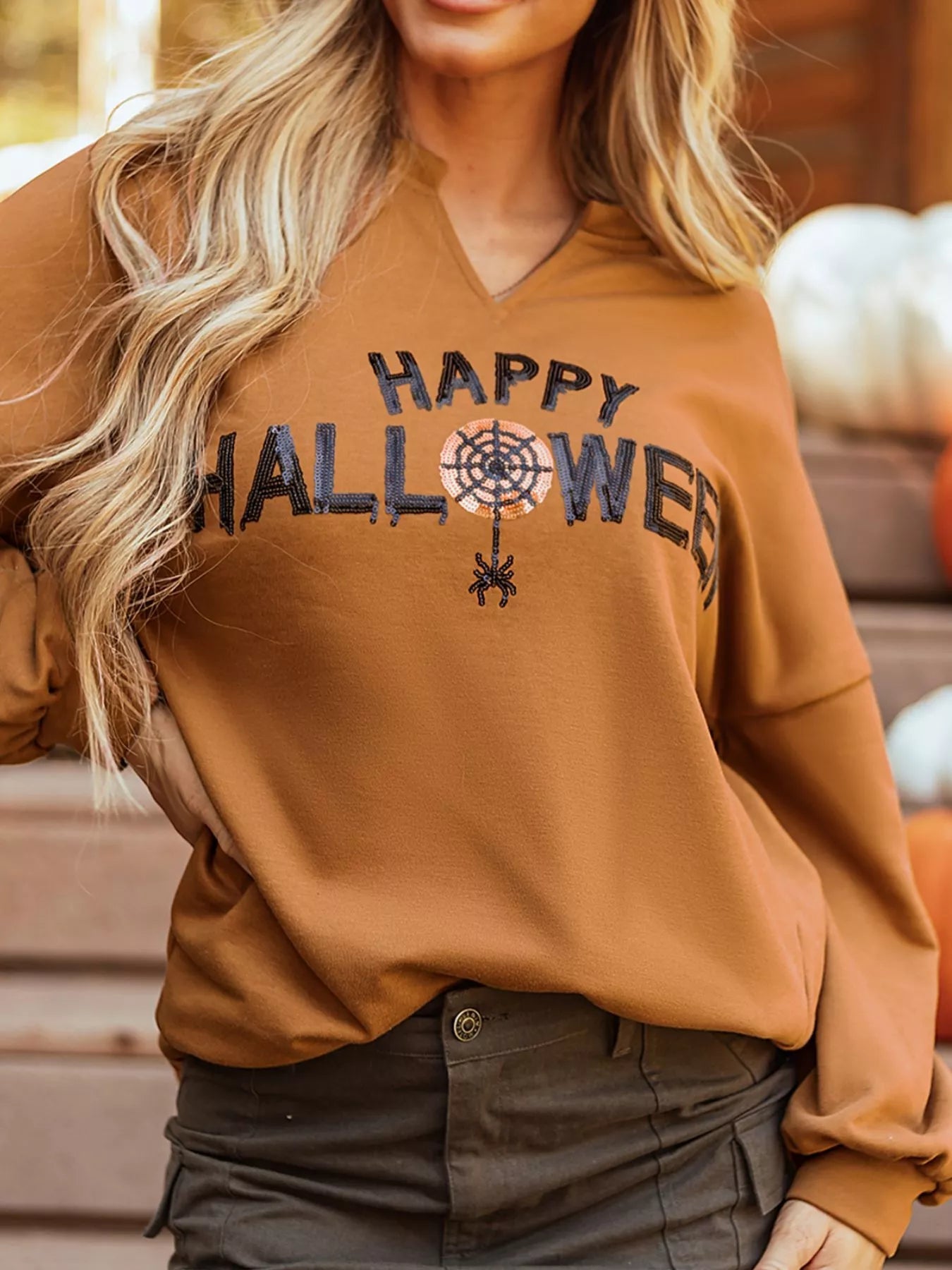 Crowned Energy CO. Terracotta / S Trendsi Sweaters & Cardigans/Cardigans Happy Halloween Graphic Notched Long Sleeve Loose Top