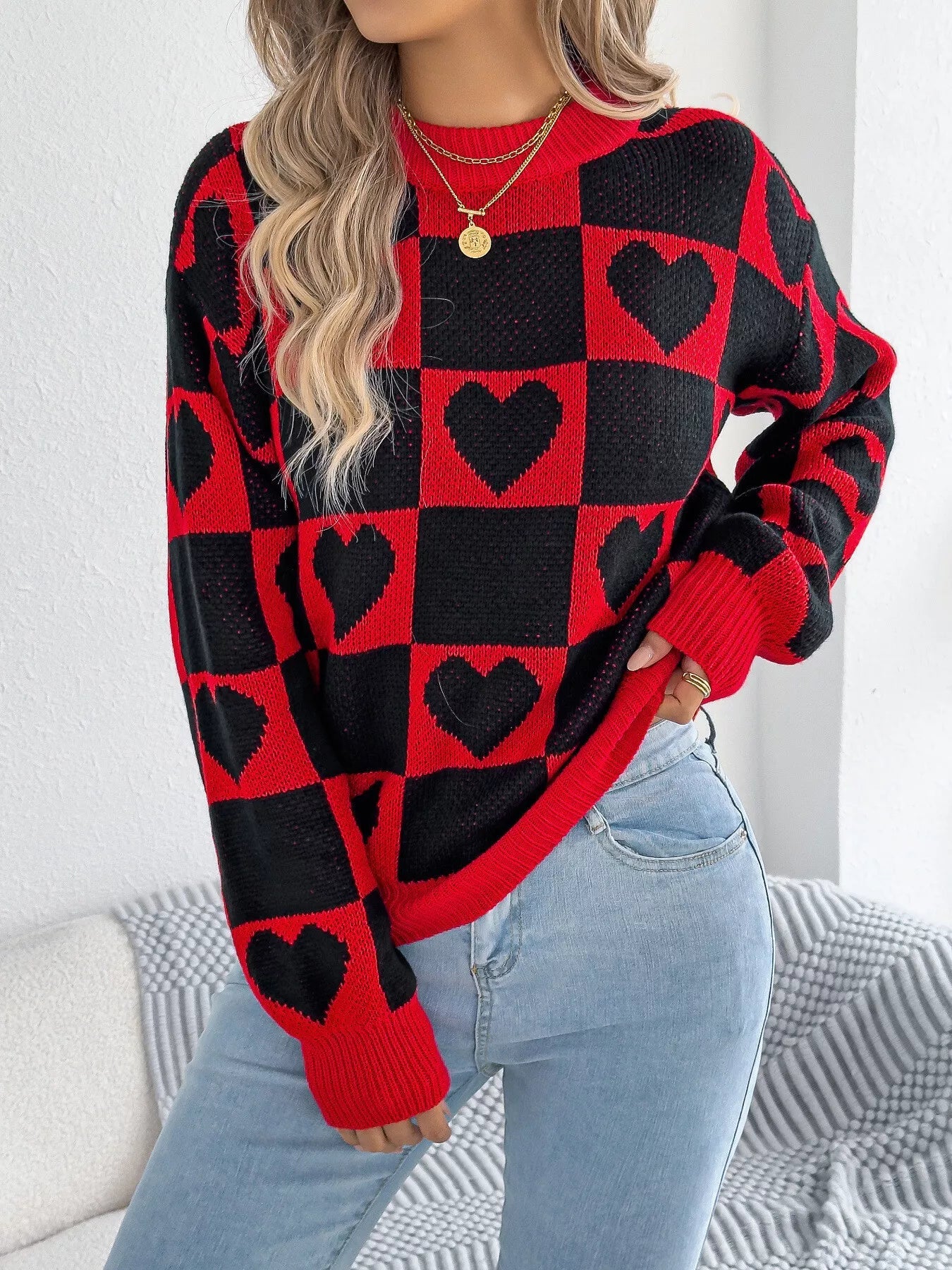 Crowned Energy CO. Black / S Trendsi Sweaters & Cardigans/Cardigans Heart Checkerboard Pattern Round Neck Sweater