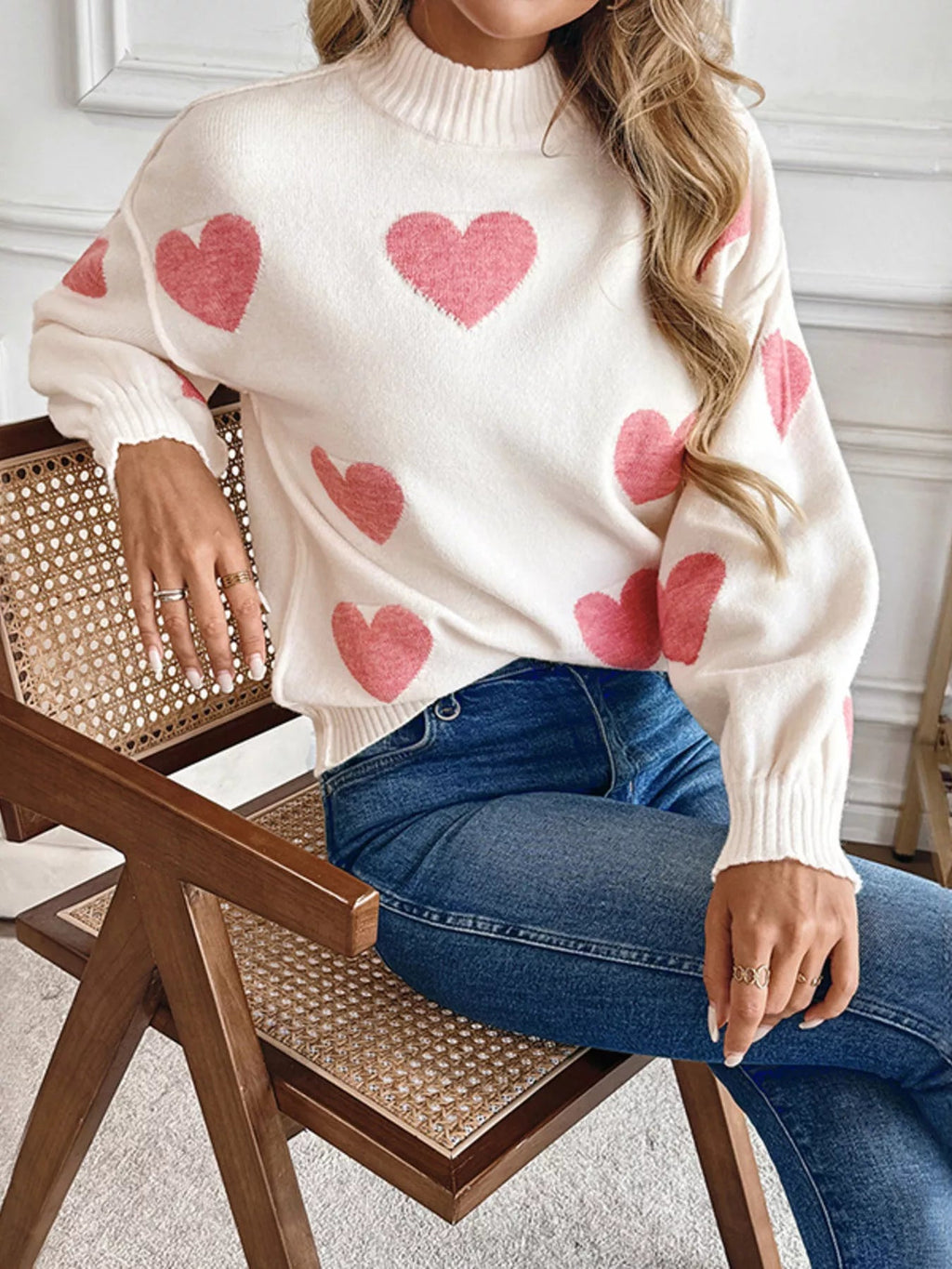 Heart Mock Neck Long Sleeve Sweater - Crowned Energy CO.