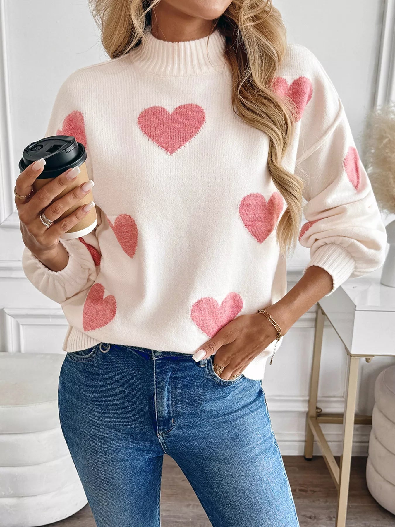 Heart Mock Neck Long Sleeve Sweater - Crowned Energy CO.