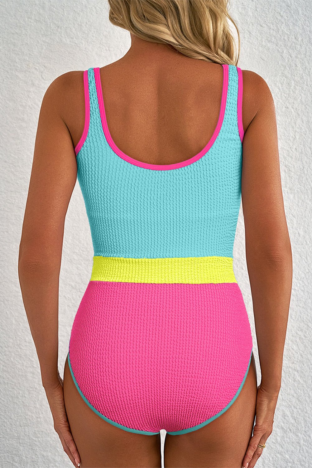 Iceland Blue Textured Color Block Patchwork One Piece Swimsuit - Crowned Energy CO.
