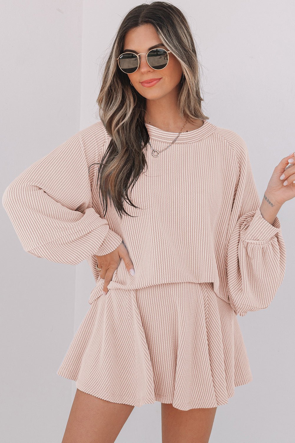 Crowned Energy CO. Jet Stream / S / 75%Polyester+20%Viscose+5%Elastane Dear-Lover Dropshipping Two Piece Sets/Two Piece Dresses Jet Stream Corded Lantern Sleeve Top High Waist Ruffled Mini Skirt Set