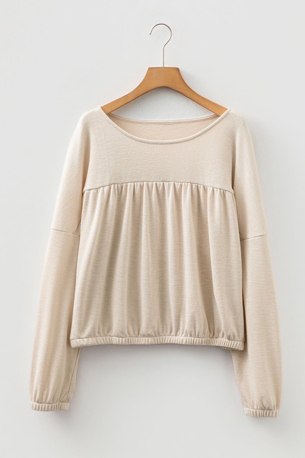 Jet Stream Textured Pleated Drop Shoulder Long Sleeve Knit Top - Crowned Energy CO.