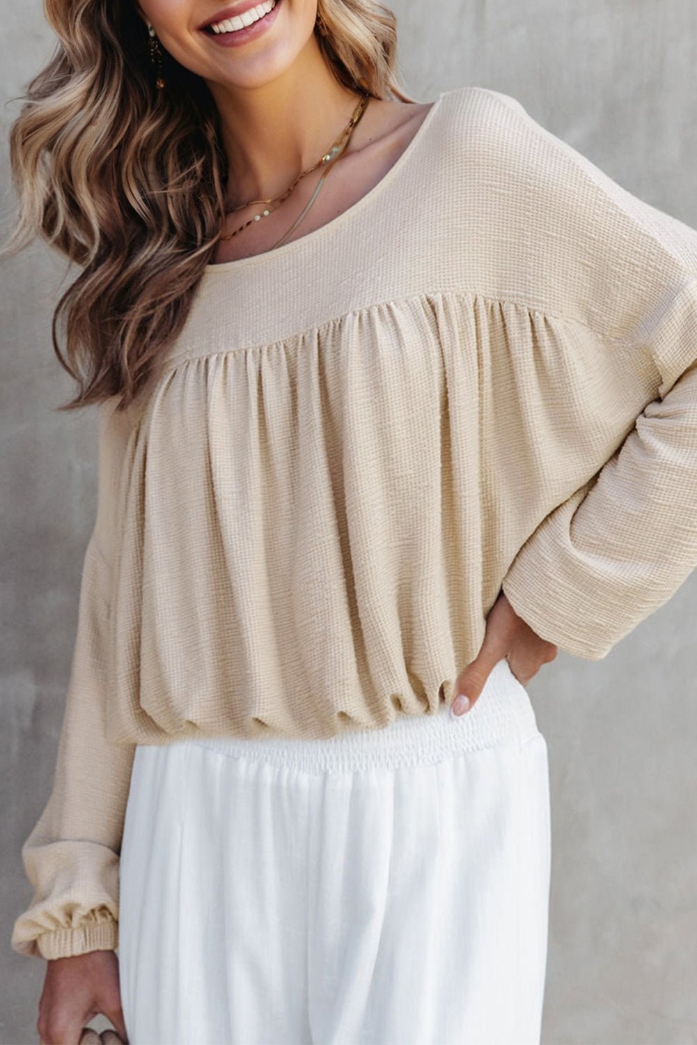 Jet Stream Textured Pleated Drop Shoulder Long Sleeve Knit Top - Crowned Energy CO.