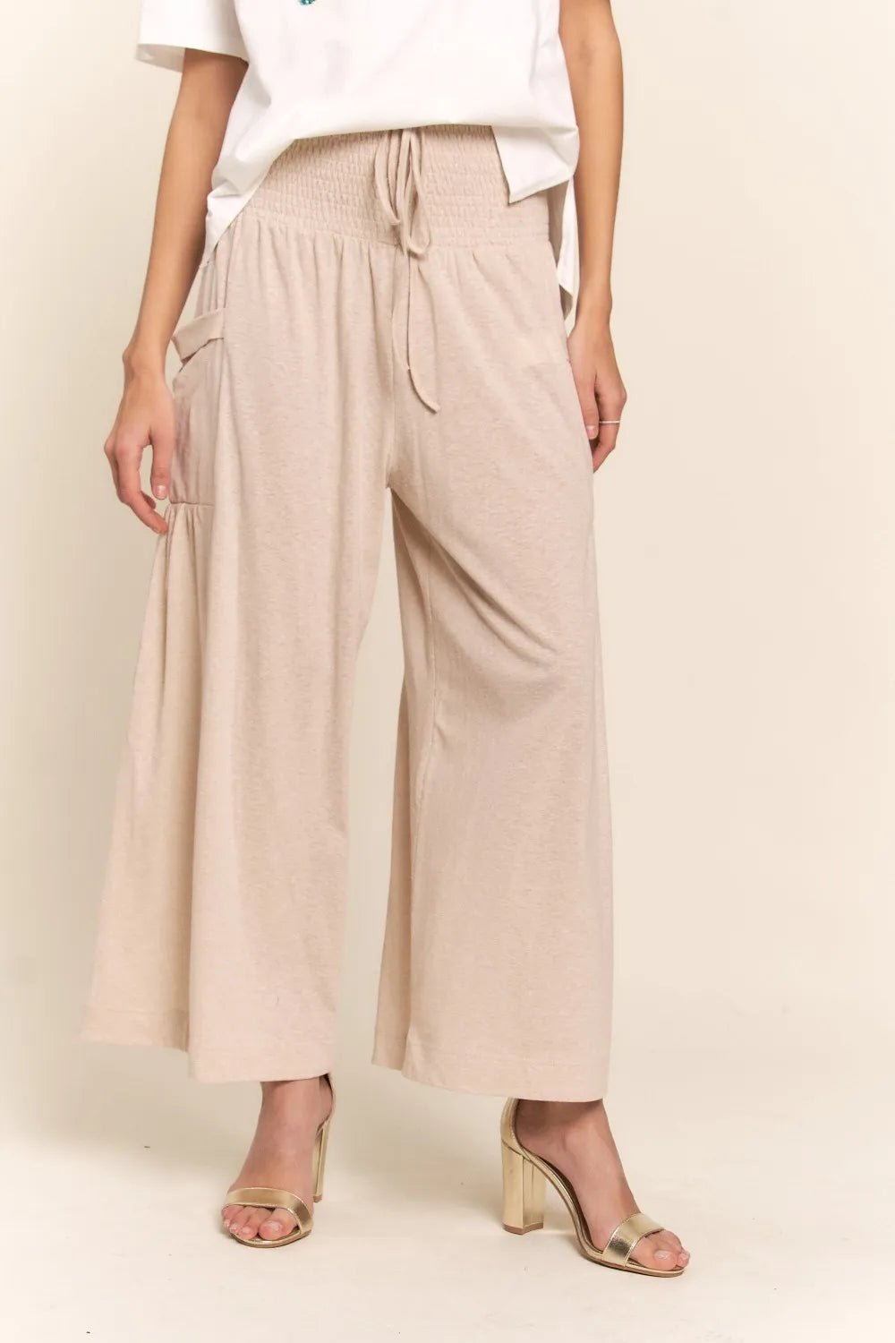 J.NNA Smocked Waist Boho Wide Leg Pants with Pockets - Crowned Energy CO.