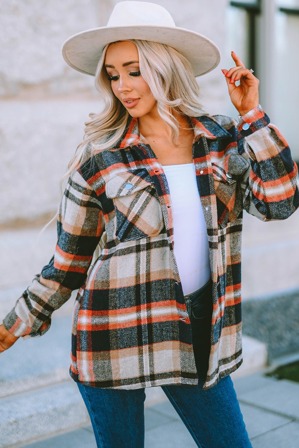 Khaki Geometric Plaid Print Pocketed Shacket - Crowned Energy CO.