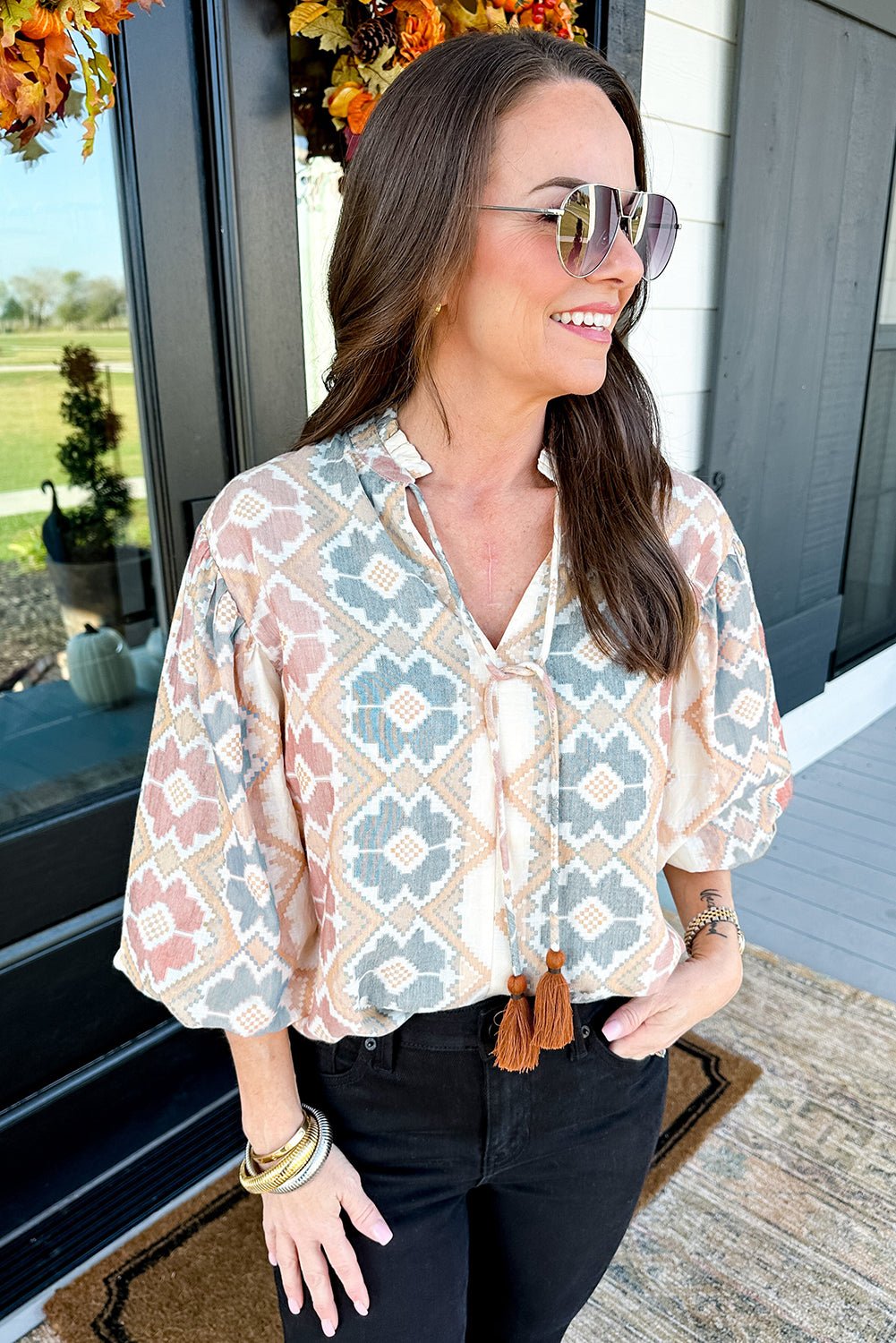 Khaki Geometric Print Tassel Tie Split Neck Balloon Sleeve Blouse - Crowned Energy CO.