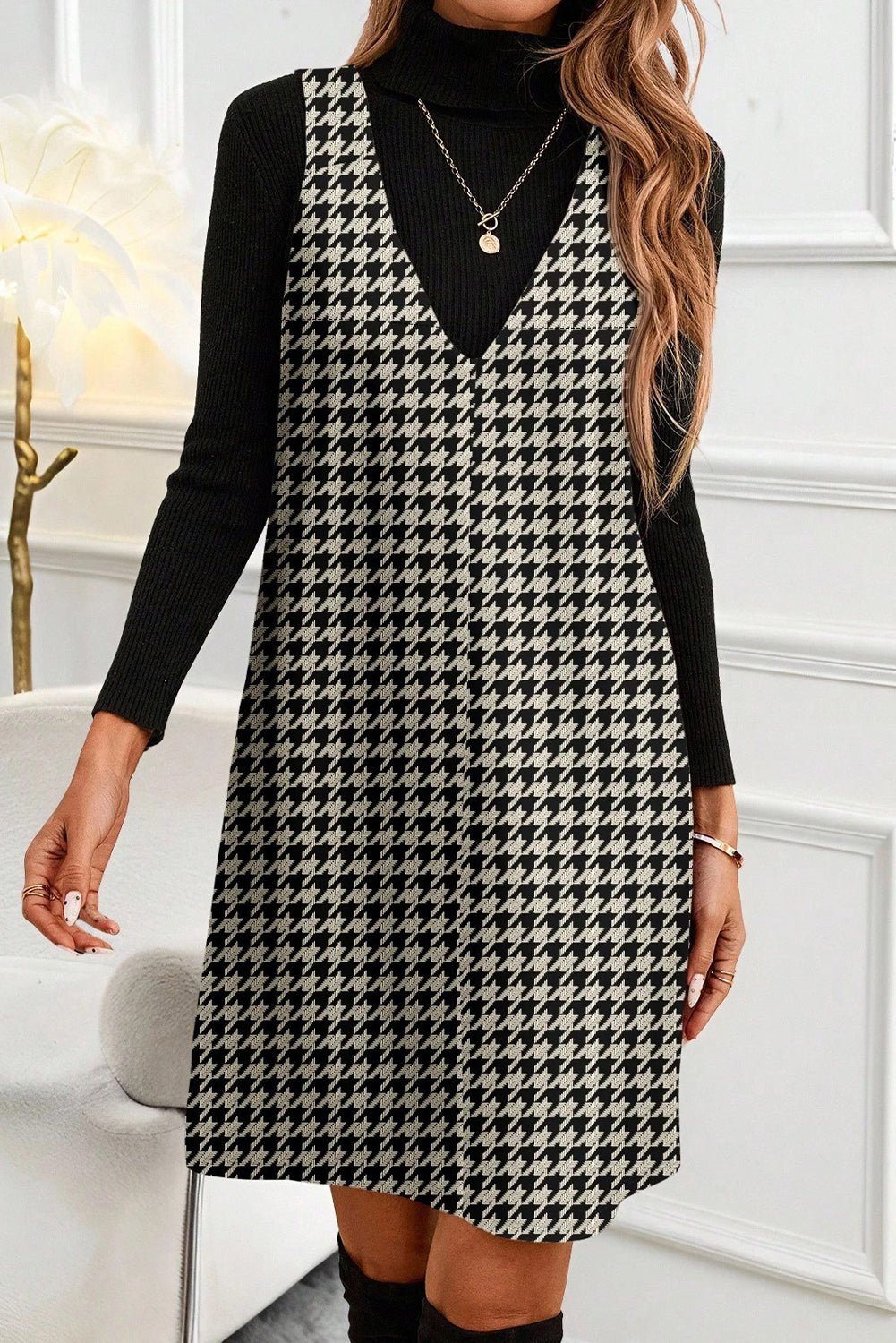 Khaki Houndstooth Print V Neck Sleeveless Mini Dress - Crowned Energy CO.