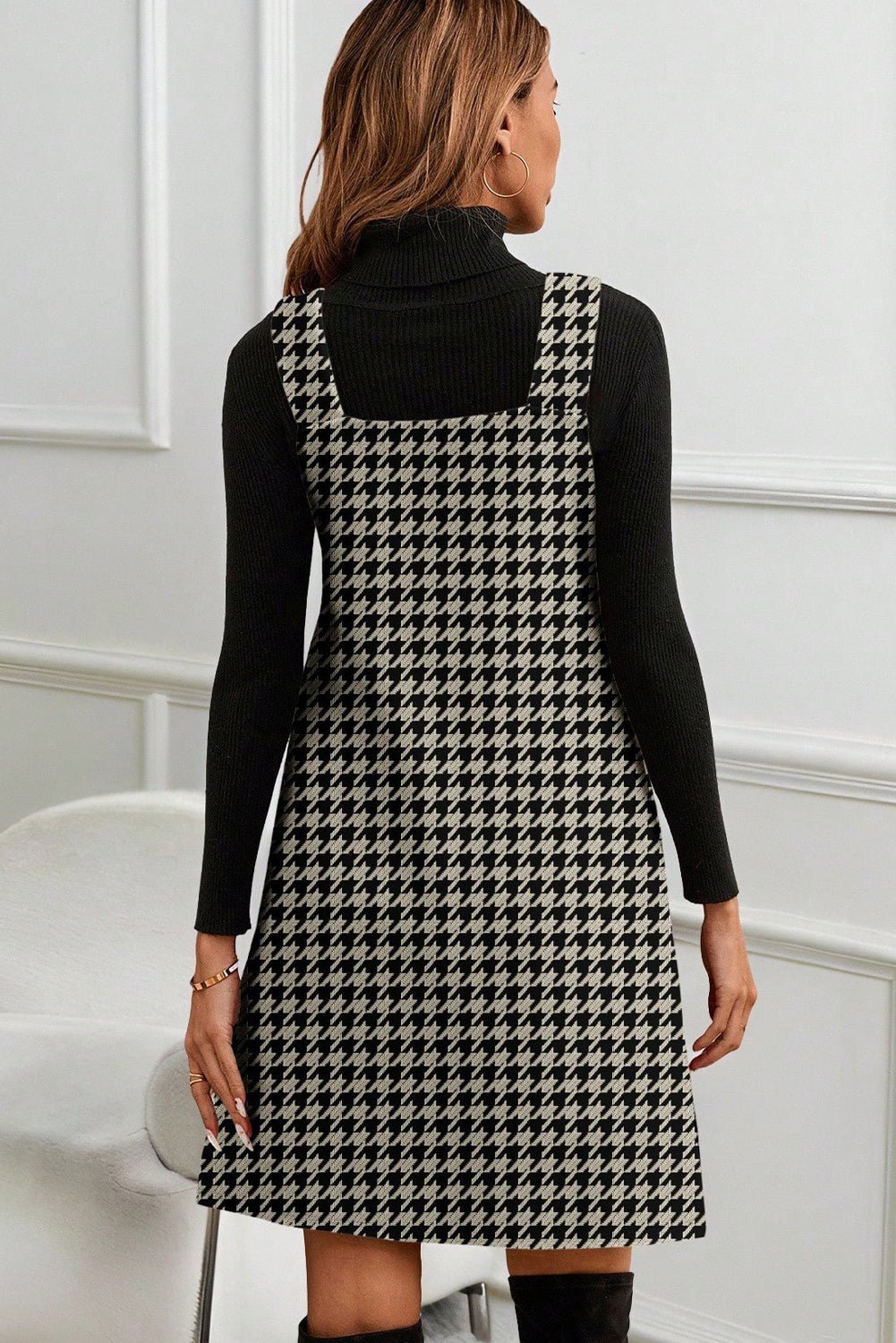 Khaki Houndstooth Print V Neck Sleeveless Mini Dress - Crowned Energy CO.