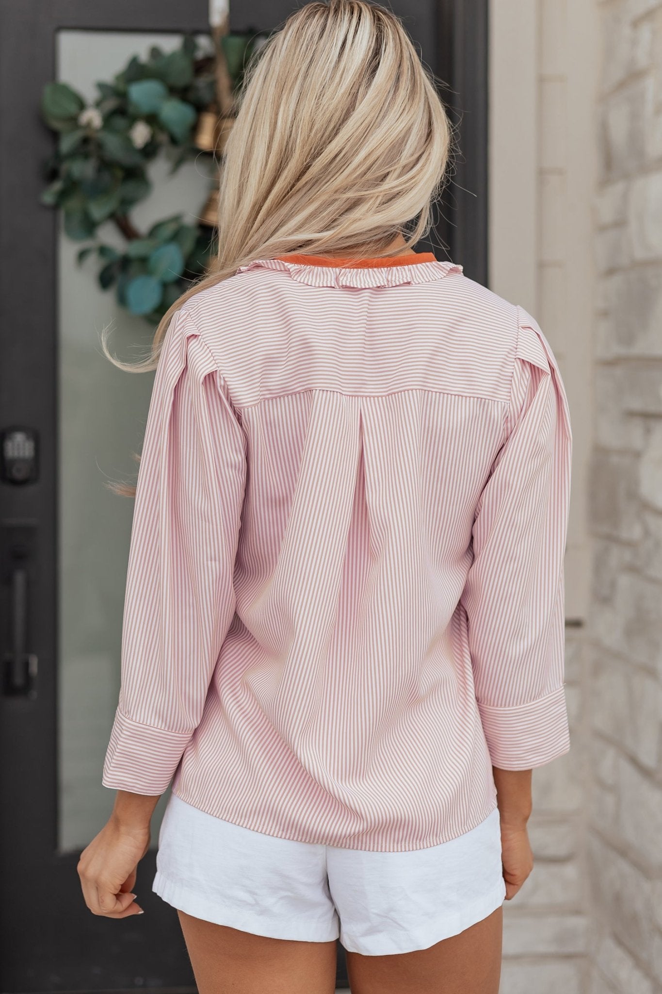 Khaki Stripe Color Block Patchwork Detail Frilled Collar Button Down Shirt - Crowned Energy CO.