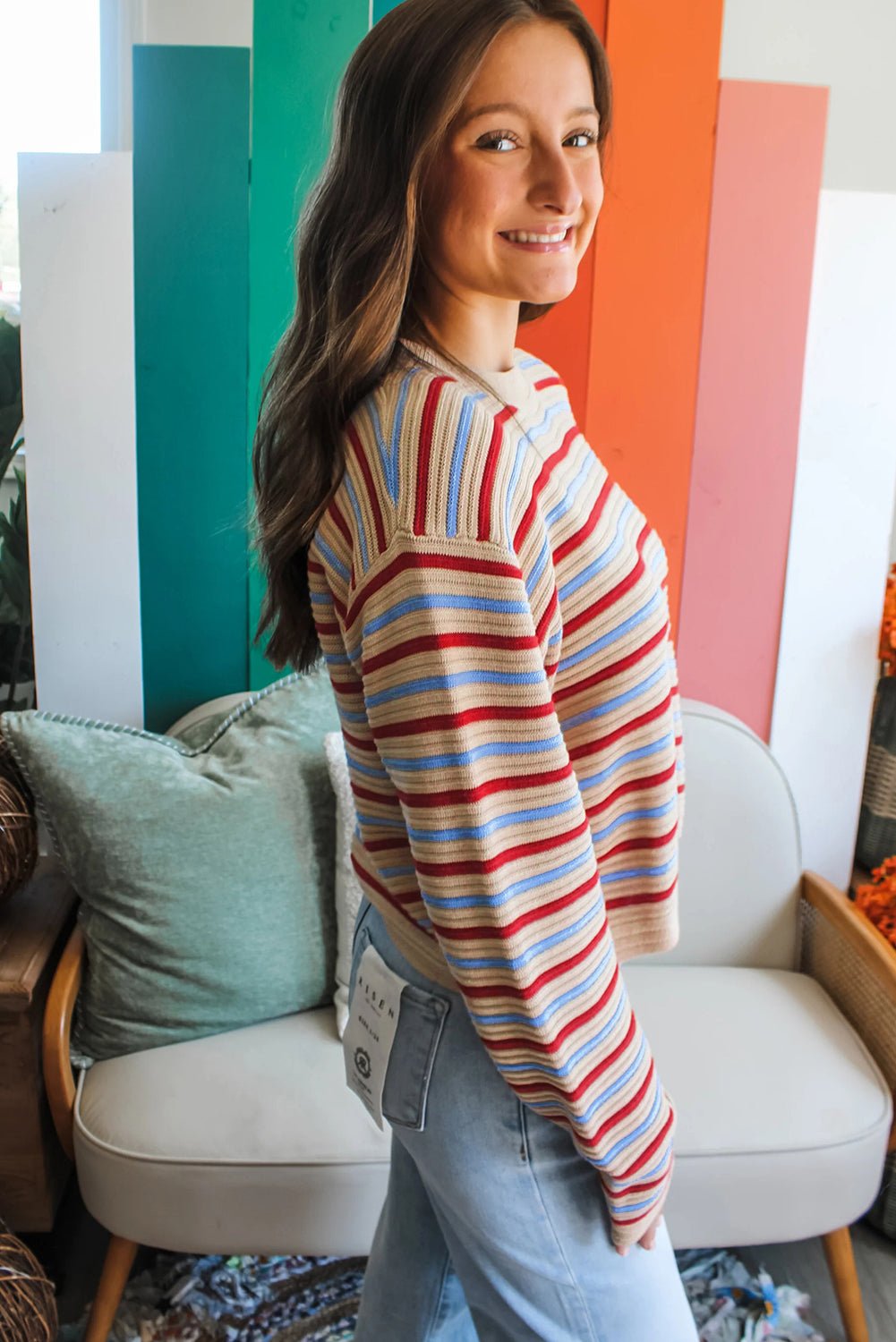 Khaki Stripe Drop Shoulder Cropped Long Sleeve Fall Sweater - Crowned Energy CO.