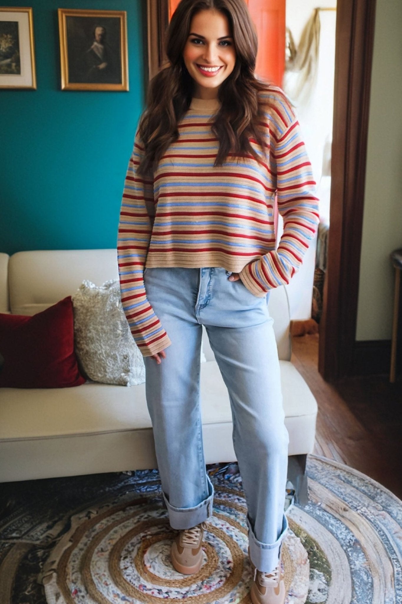 Khaki Stripe Drop Shoulder Cropped Long Sleeve Fall Sweater - Crowned Energy CO.