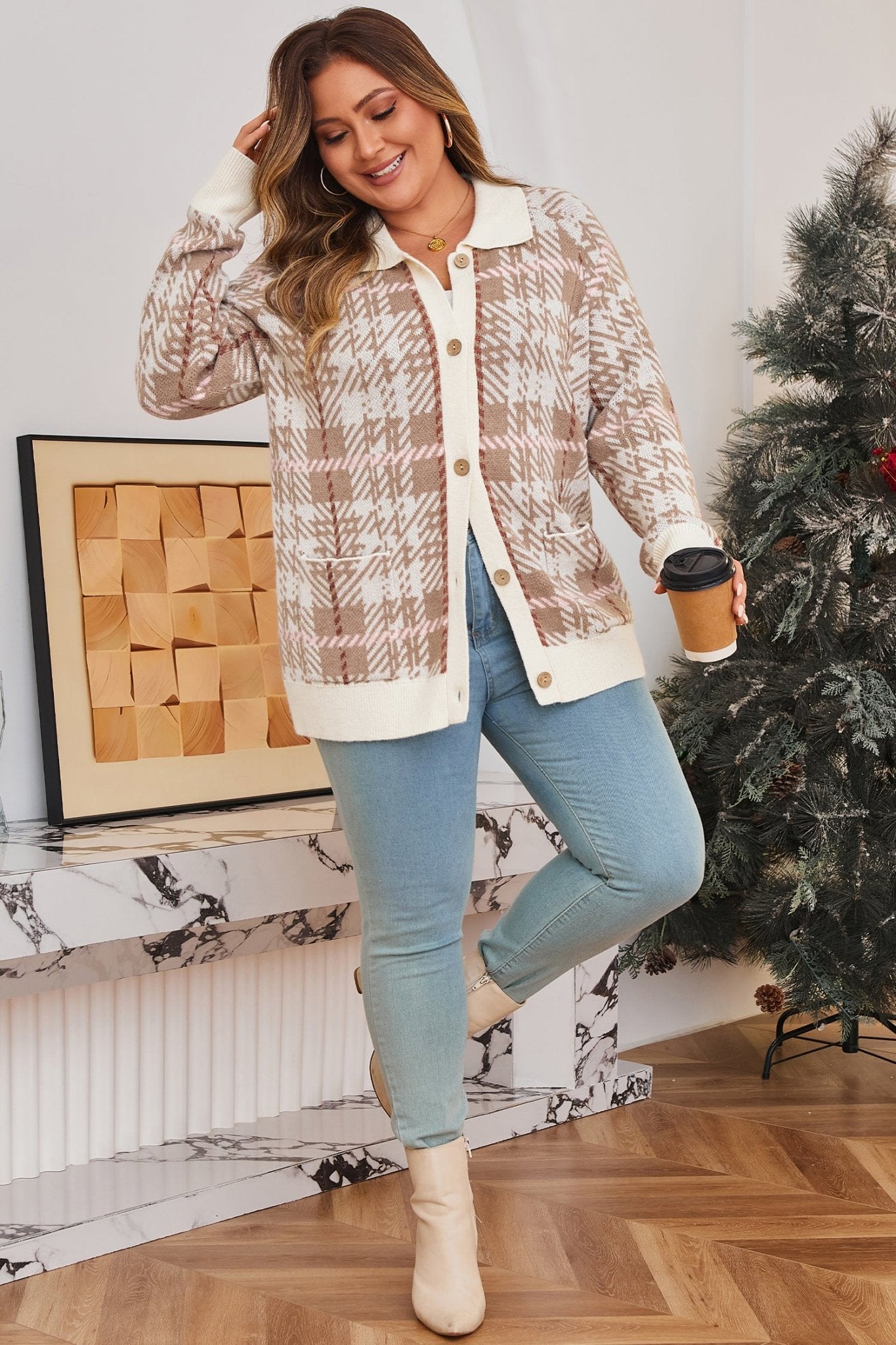 Khaki Vintage Pattern Ribbed Trim Button Front Plus Size Cardigan Sweater - Crowned Energy CO.