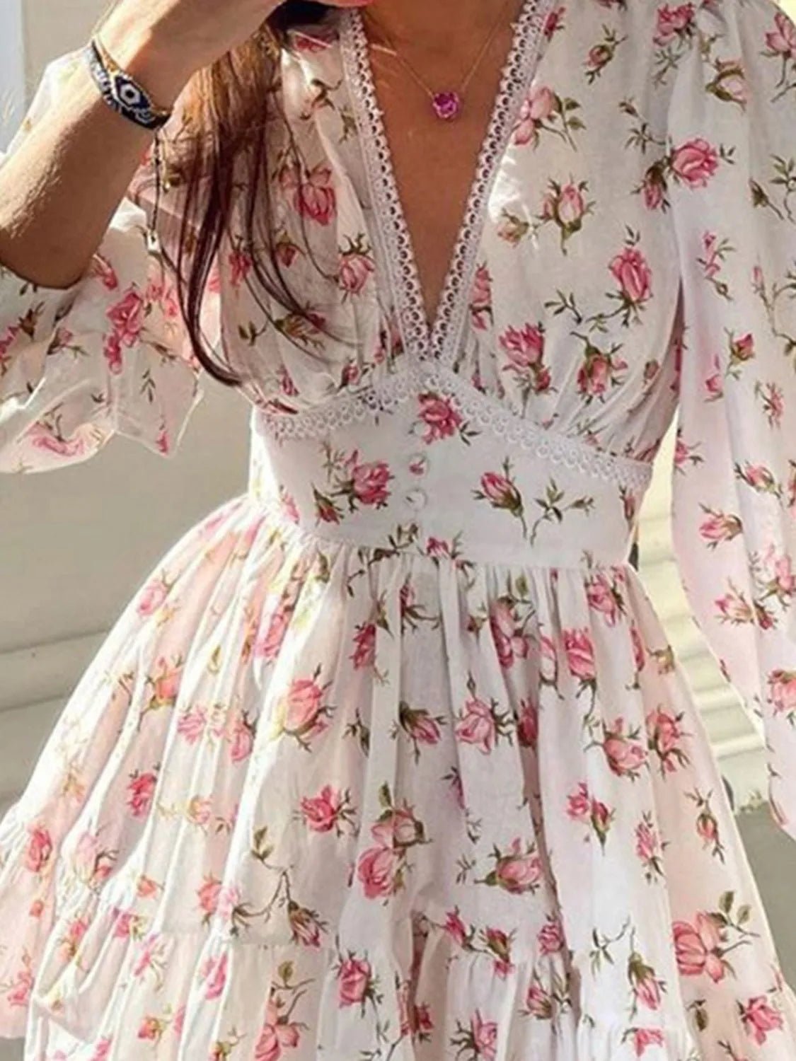 Lace Detail V - Neck Balloon Sleeve Dress - Crowned Energy CO.