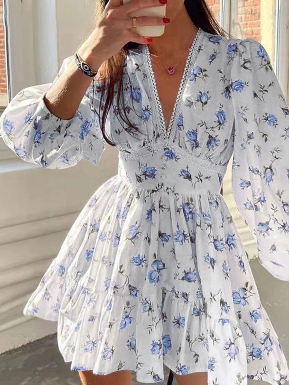 Lace Detail V - Neck Balloon Sleeve Dress - Crowned Energy CO.