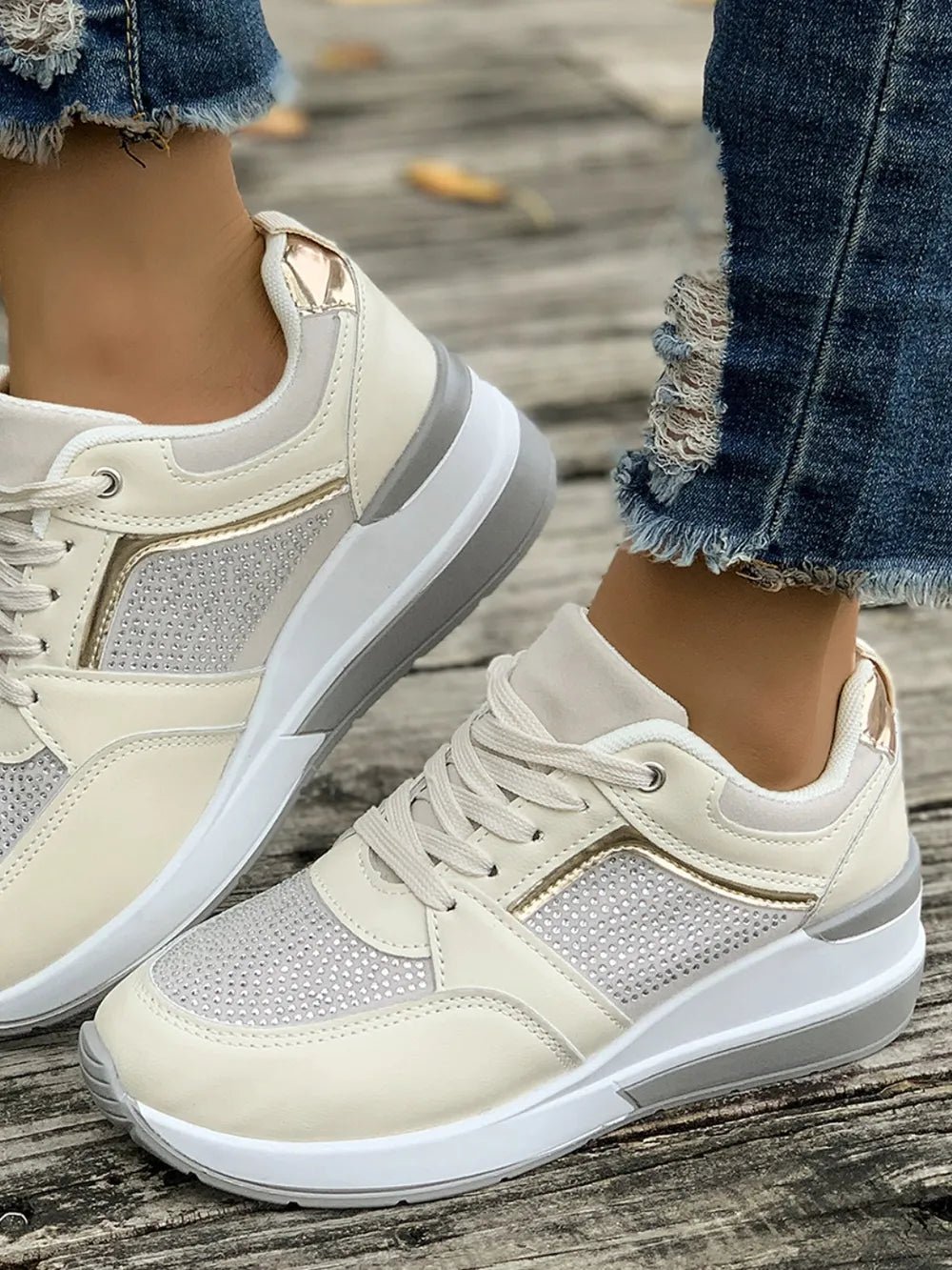 Lace - Up Rhinestone Wedge Sneakers - Crowned Energy CO.