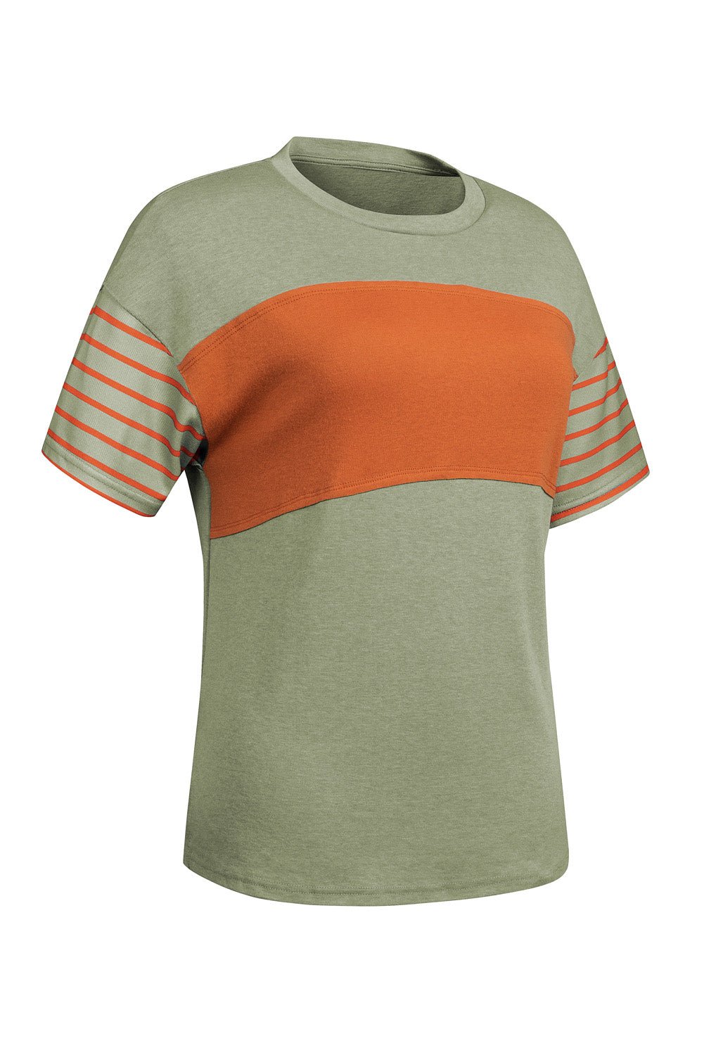 Laurel Green Color Block Striped Detail Loose T Shirt - Crowned Energy CO.