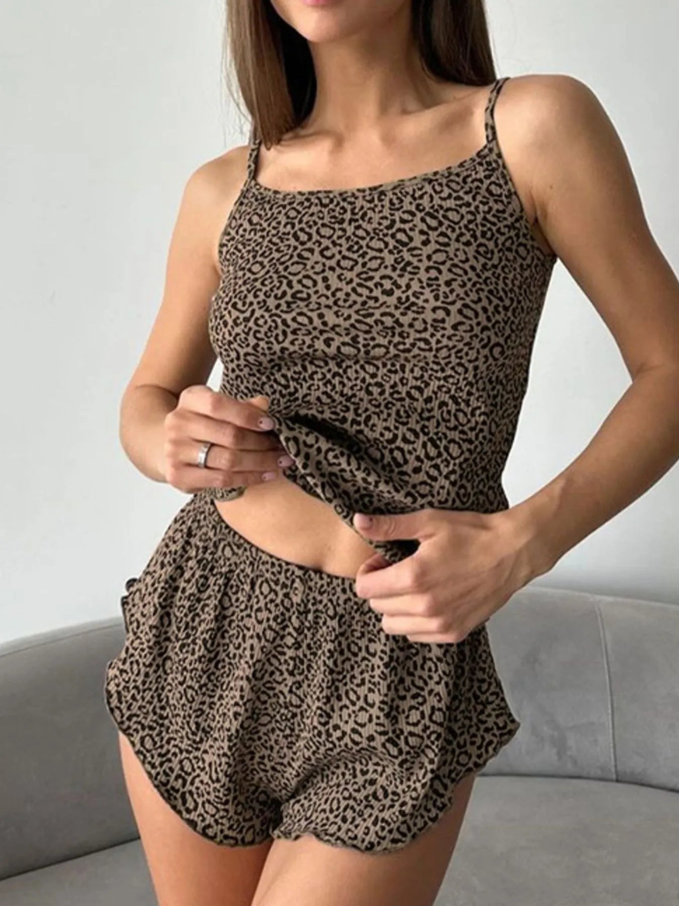 Crowned Energy CO. Leopard / S Trendsi OUTFIT SET Leopard Cami Cardigan and Shorts 3-Piece Set