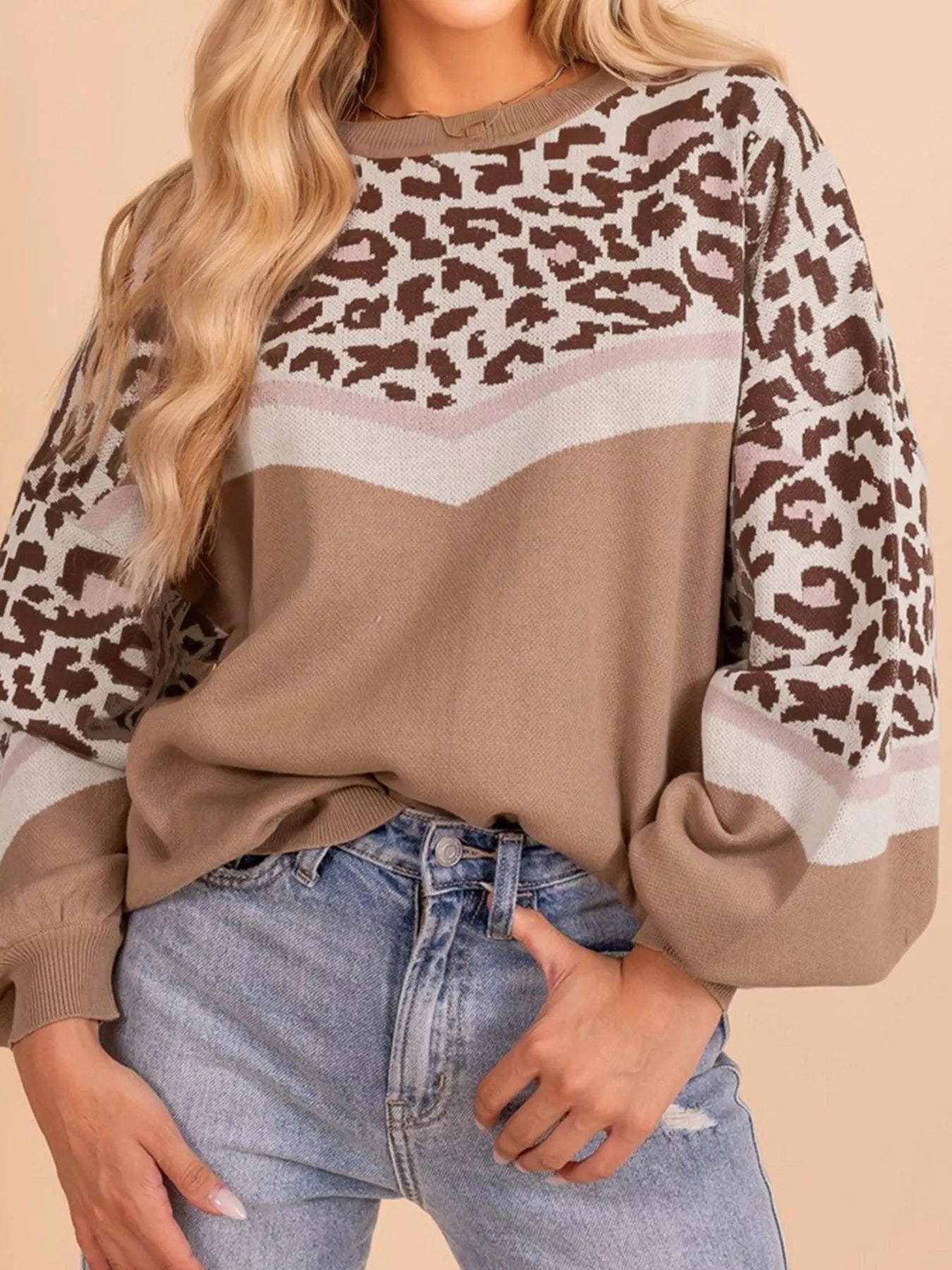 Leopard Color Block Knit Round Neck Baggy Sweater - Crowned Energy CO.