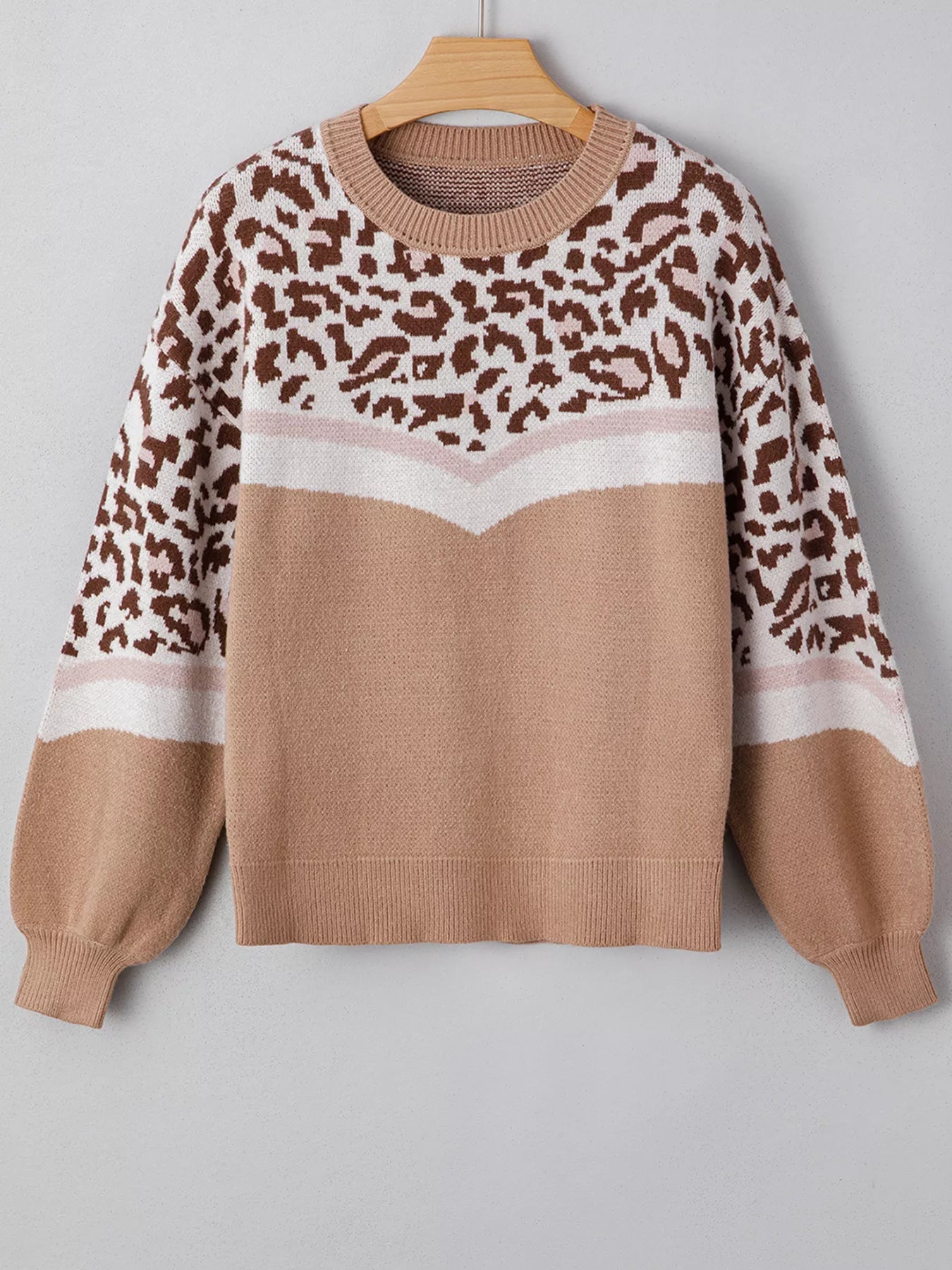 Leopard Color Block Knit Round Neck Baggy Sweater - Crowned Energy CO.