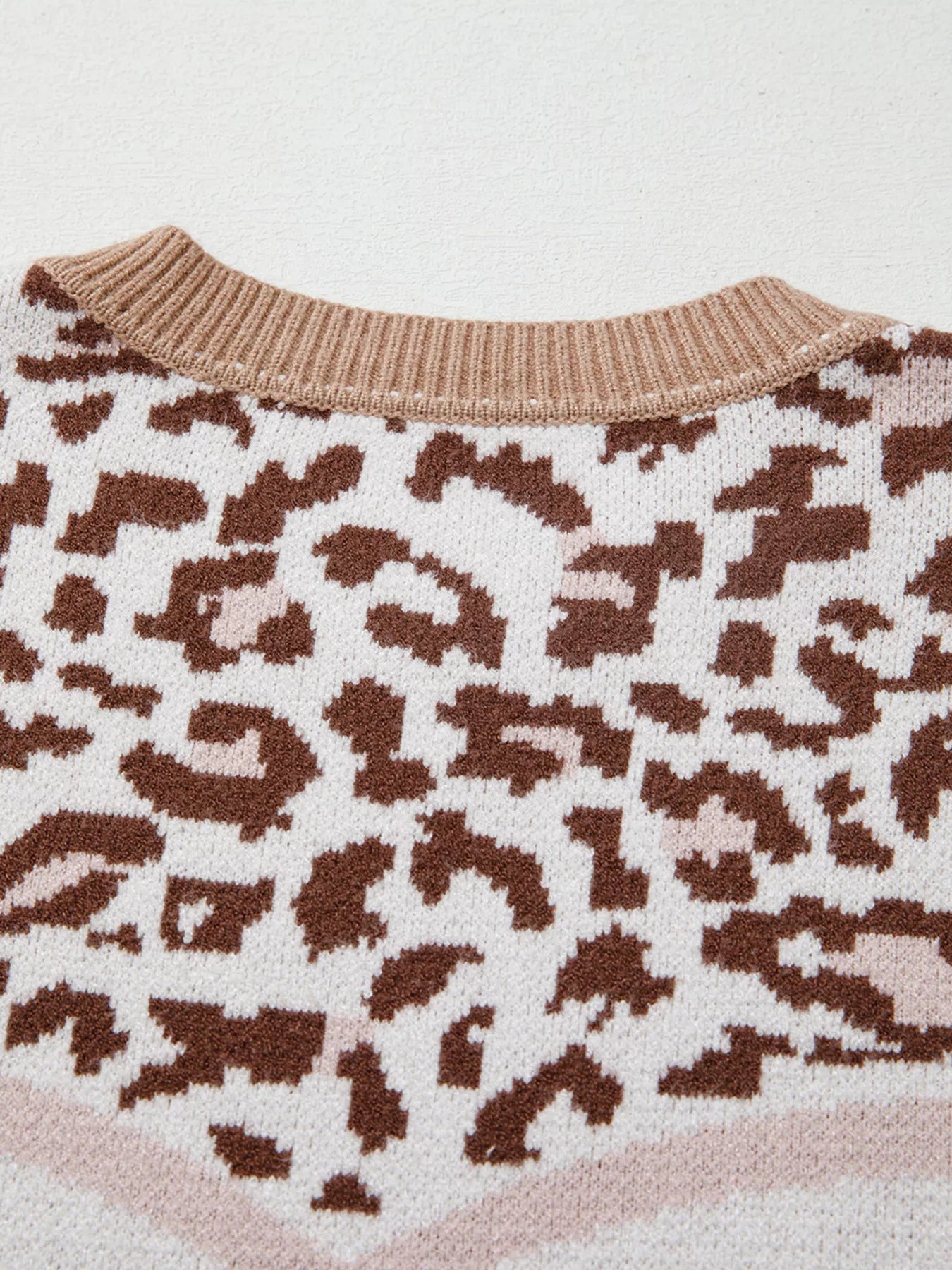 Leopard Color Block Knit Round Neck Baggy Sweater - Crowned Energy CO.