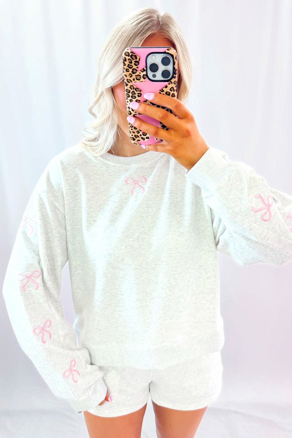 Crowned Energy CO. Light Grey / S / 65%Polyester+35%Cotton Dear-Lover Dropshipping Two Piece Sets/Short Sets Light Grey Girly Bow Embroidered Detail Puff Sleeve Pullover 2pcs Short Set