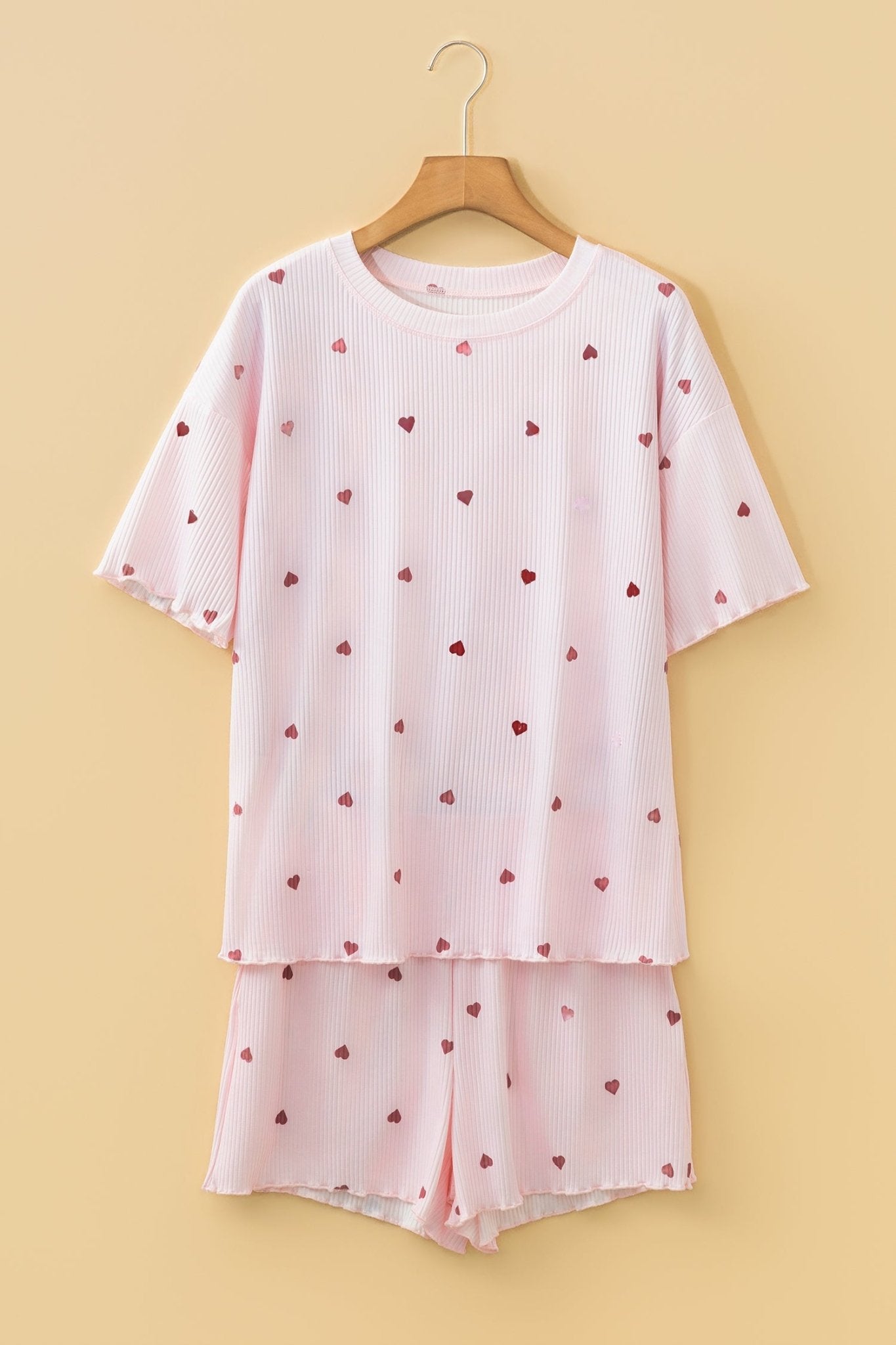 Light Pink Valentine Heart Shape Print Ribbed Knit Short Lounge Set - Crowned Energy CO.
