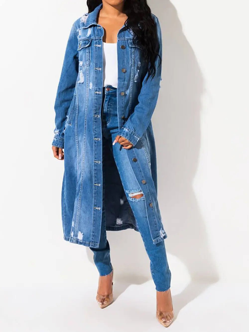 Long Sleeve Raw Hem Denim Jacket - Crowned Energy CO.