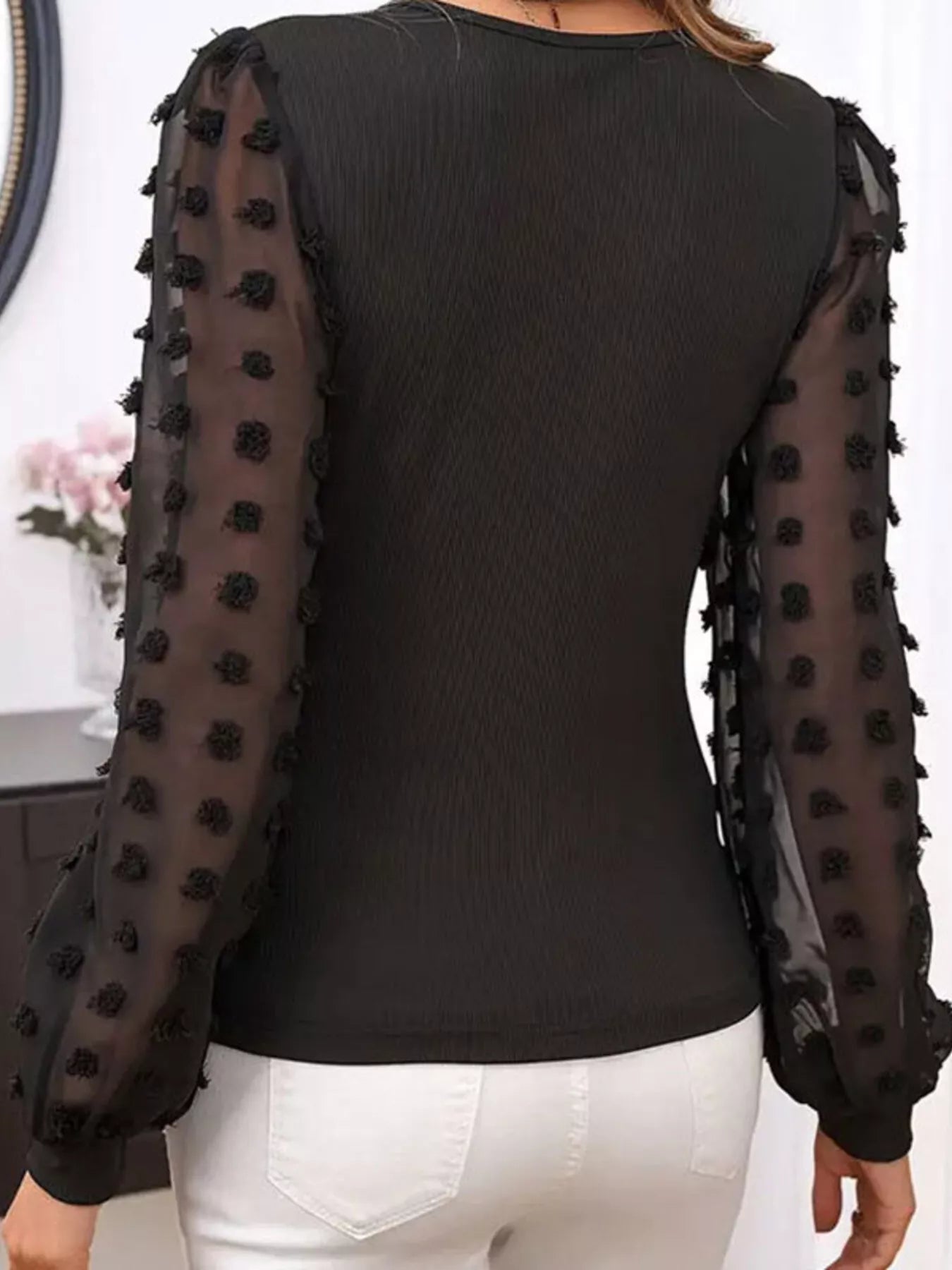 Mesh Sleeve Ribbed V - Neck Top - Crowned Energy CO.