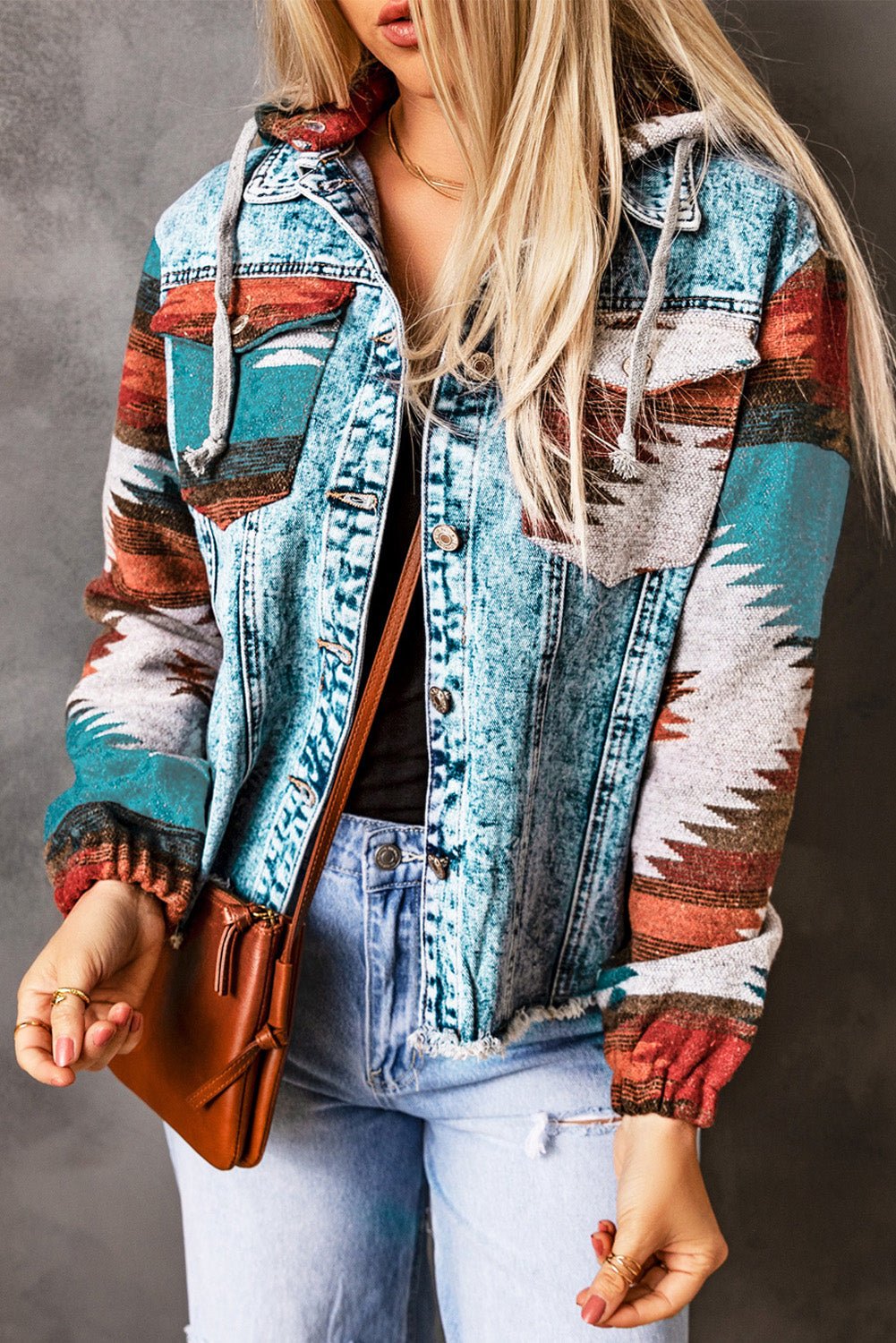 Crowned Energy CO. Multicolor / S / 75%Cotton+25%Polyester Dear-Lover Dropshipping Outerwear/Denim jackets Multicolor Aztec Print Frayed Hem Denim Jacket