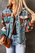 Crowned Energy CO. Multicolor / S / 75%Cotton+25%Polyester Dear-Lover Dropshipping Outerwear/Denim jackets Multicolor Aztec Print Frayed Hem Denim Jacket