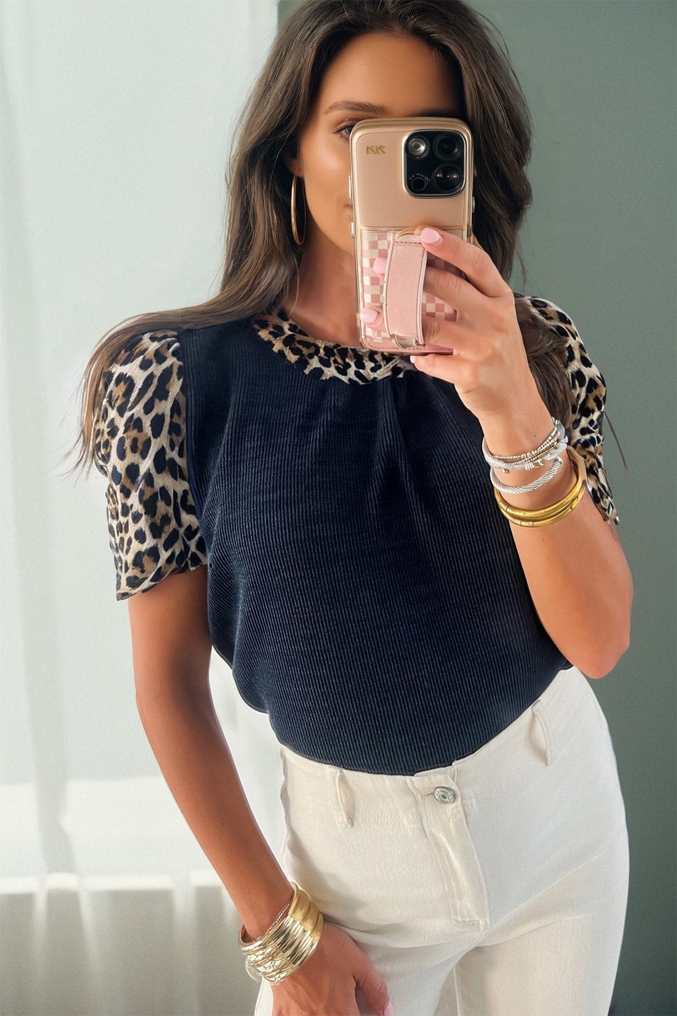 Navy Blue Ribbed Contrast Leopard Patchwork Short Sleeve Top - Crowned Energy CO.