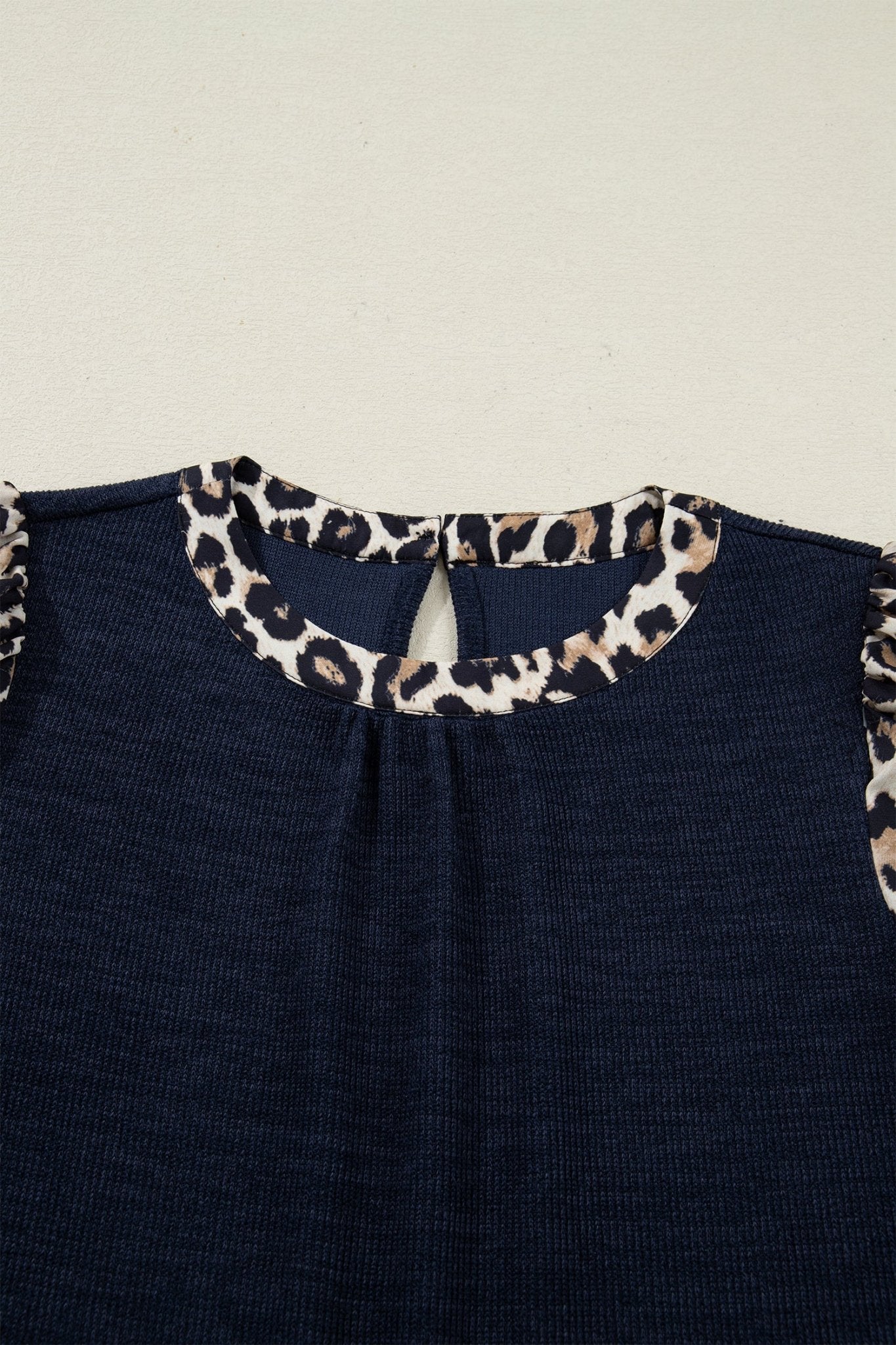 Navy Blue Ribbed Contrast Leopard Patchwork Short Sleeve Top - Crowned Energy CO.