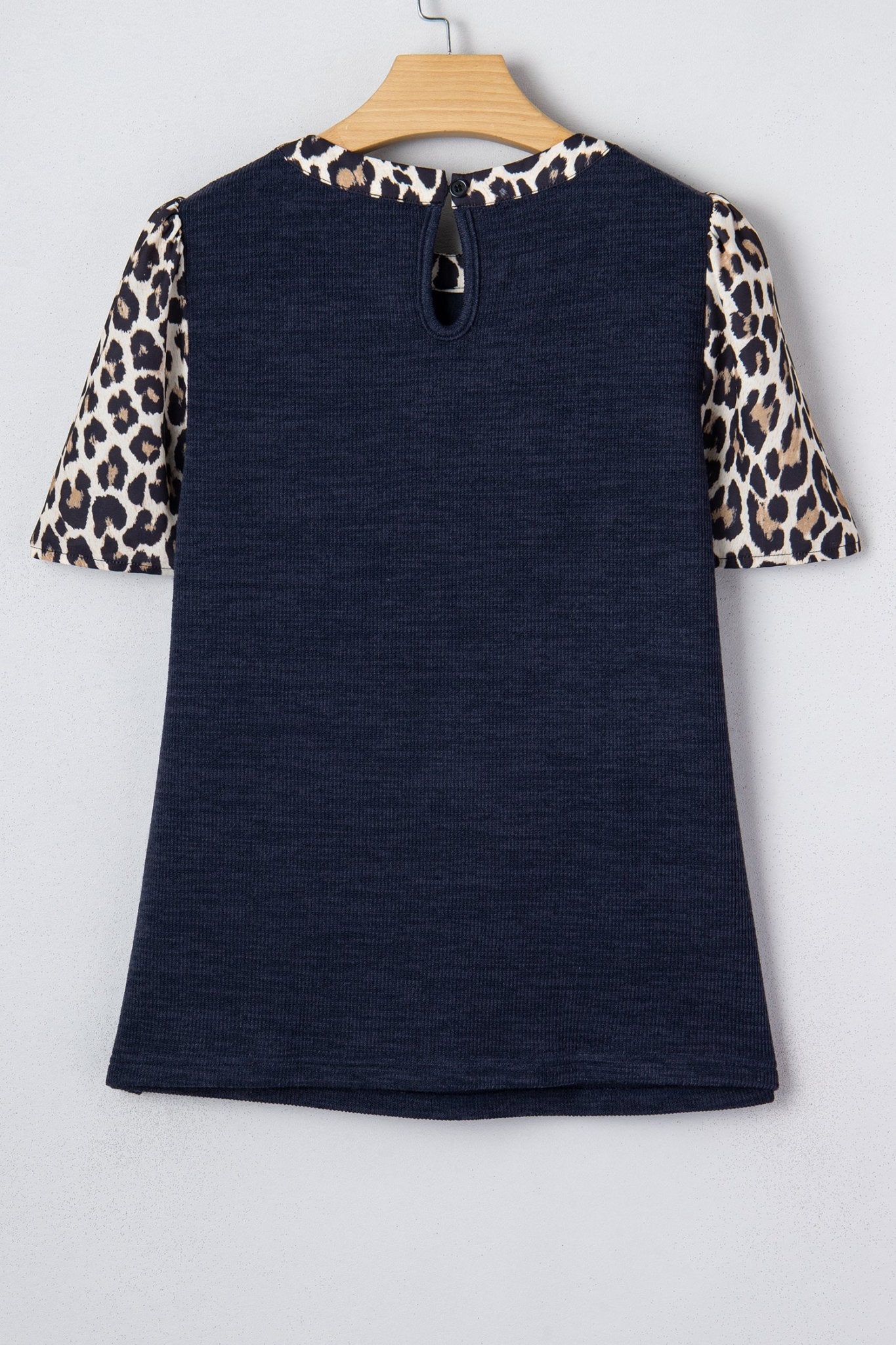Navy Blue Ribbed Contrast Leopard Patchwork Short Sleeve Top - Crowned Energy CO.