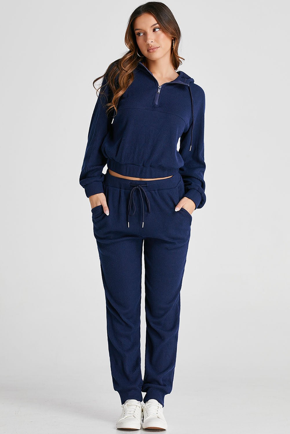 Crowned Energy CO. Navy Blue / S / 95%Polyester+5%Elastane Dear-Lover Dropshipping Activewear/Activewear Sets Navy Blue Ribbed Knit Cropped Hoodie and Drawstring Joggers Set