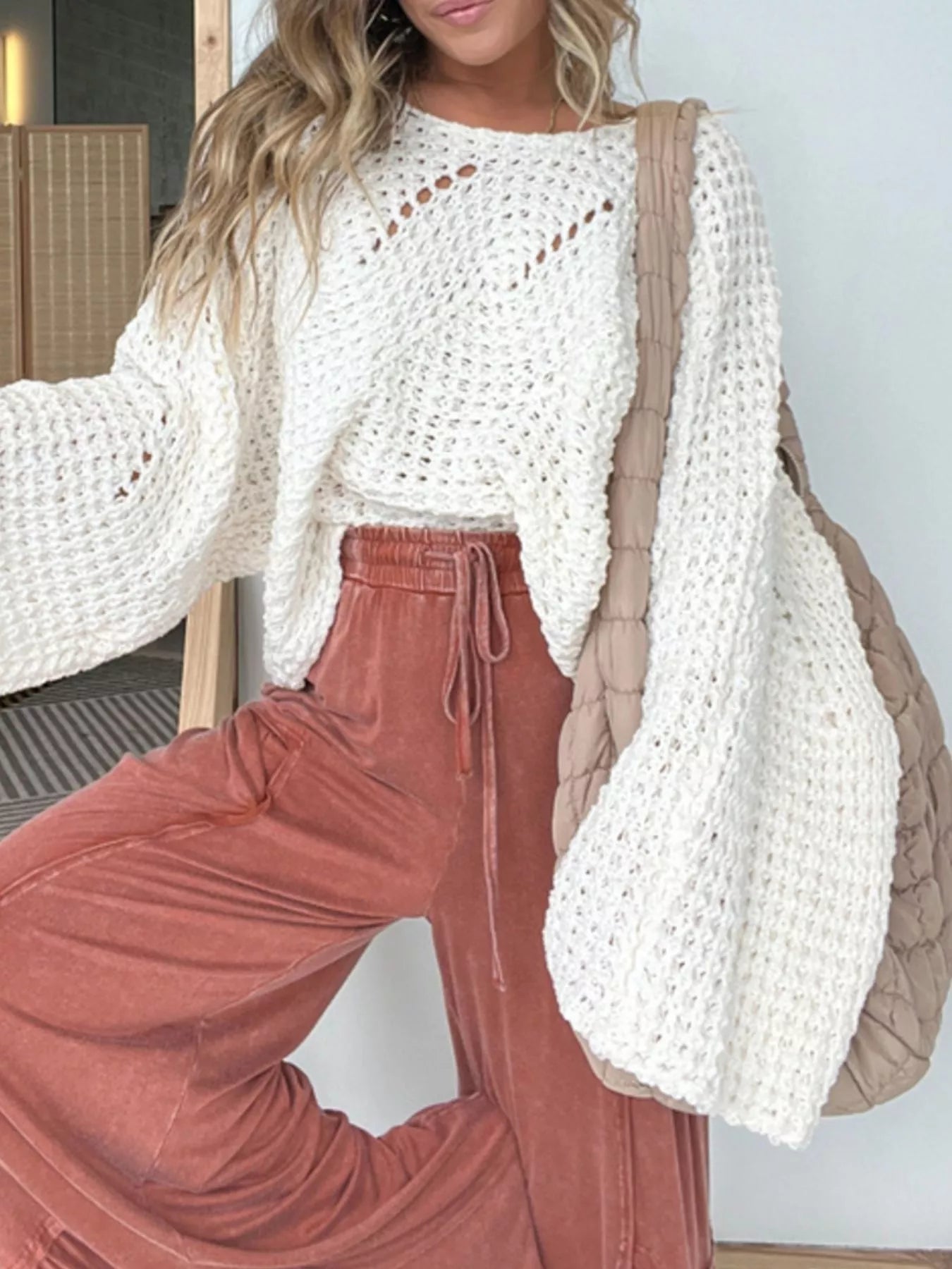 Openwork Batwing Sleeve Sweater - Crowned Energy CO.
