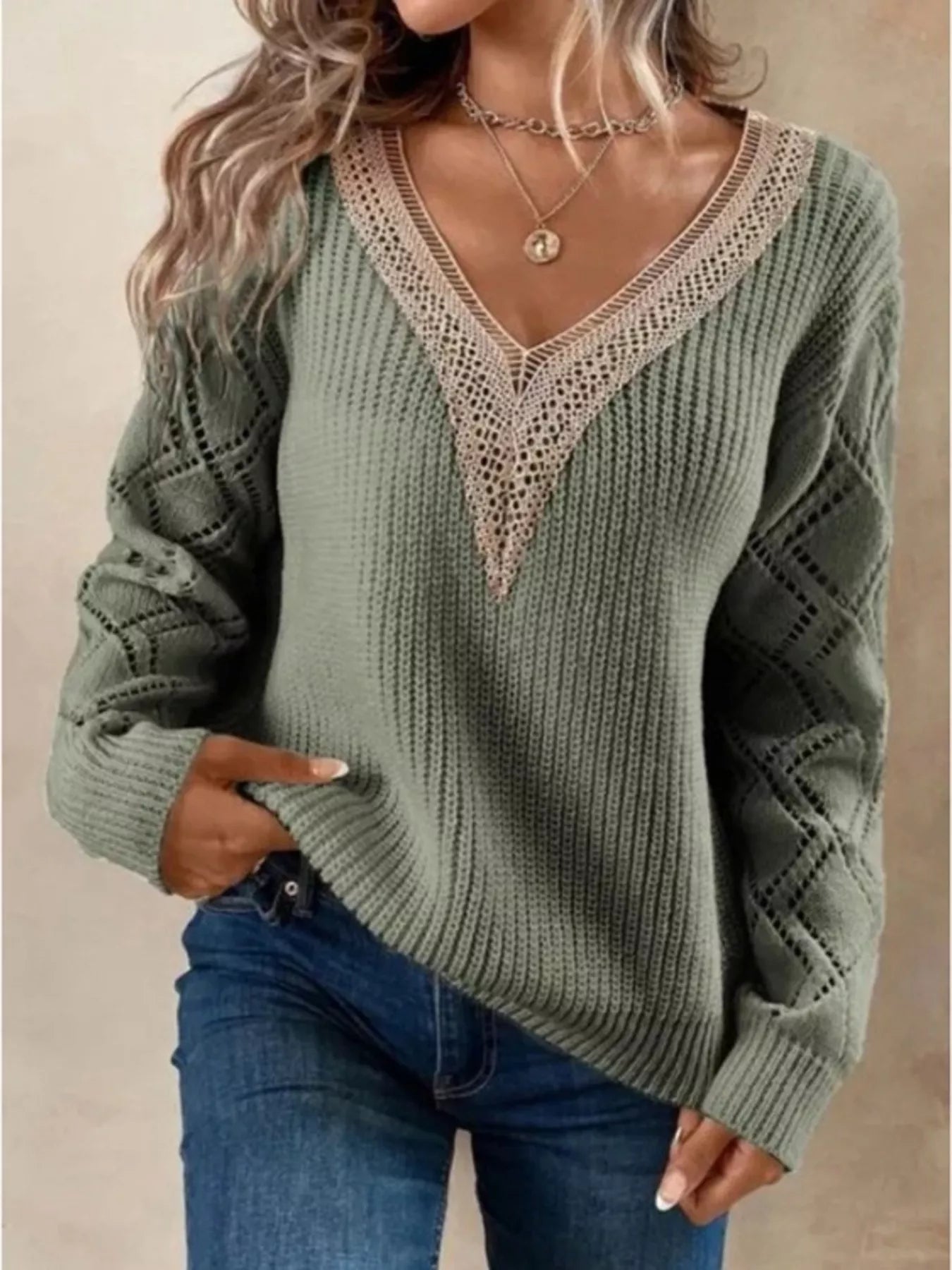 Openwork V - Neck Long Sleeve Sweater - Crowned Energy CO.