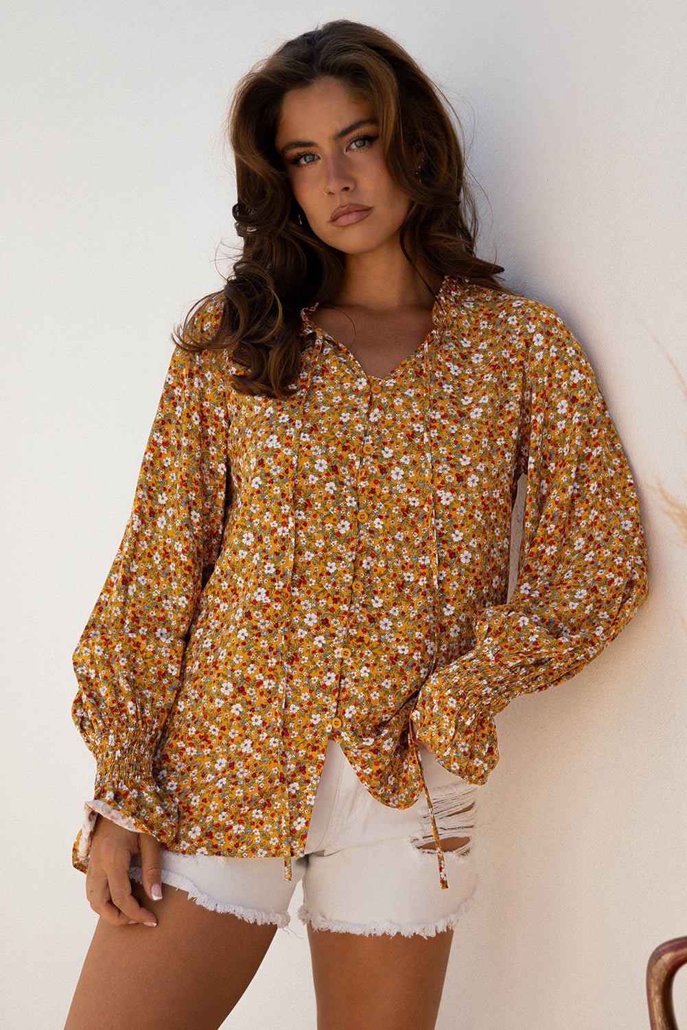 Orange Boho Floral Ruffled Bubble Sleeve V Neck Fall Blouse - Crowned Energy CO.