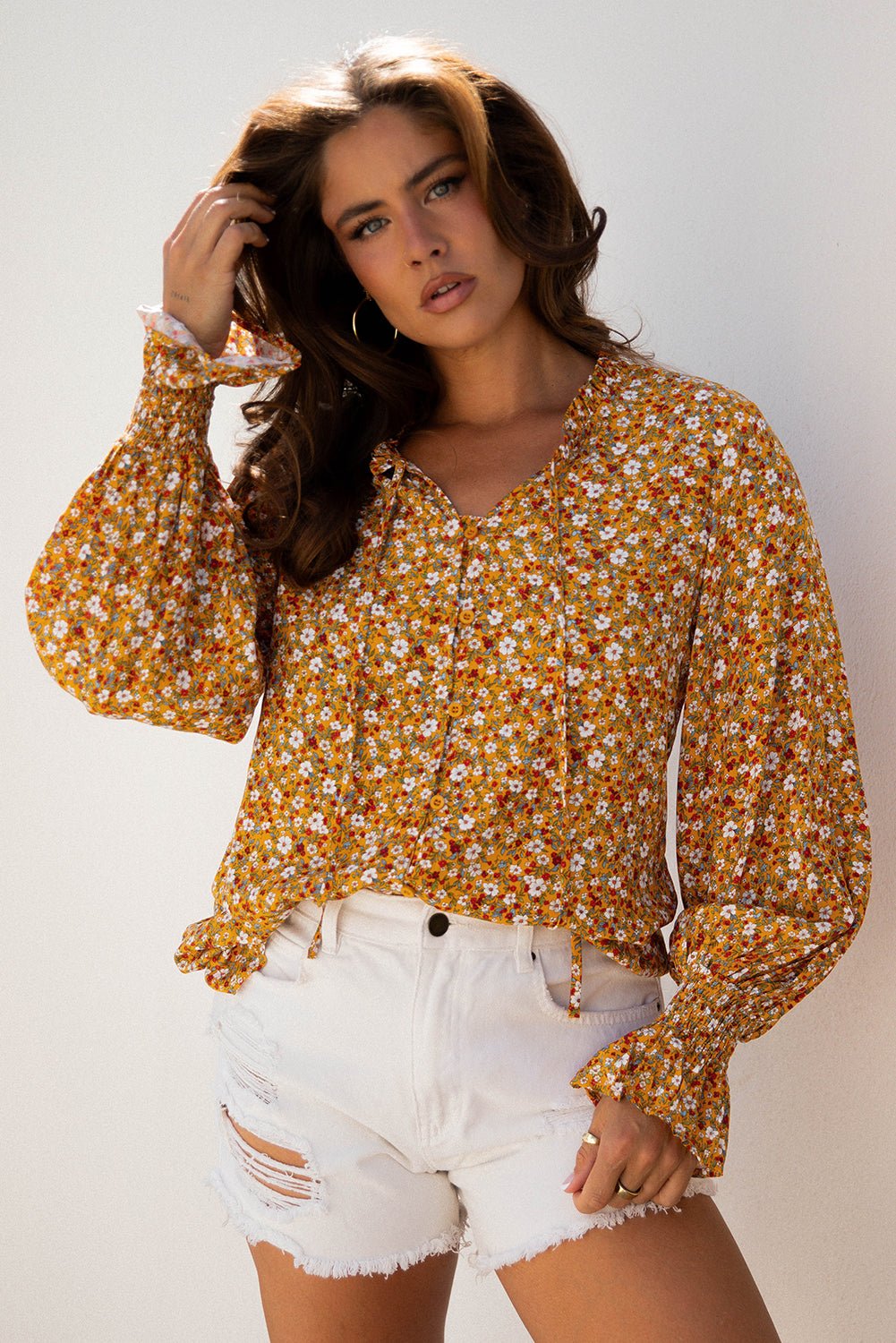 Orange Boho Floral Ruffled Bubble Sleeve V Neck Fall Blouse - Crowned Energy CO.