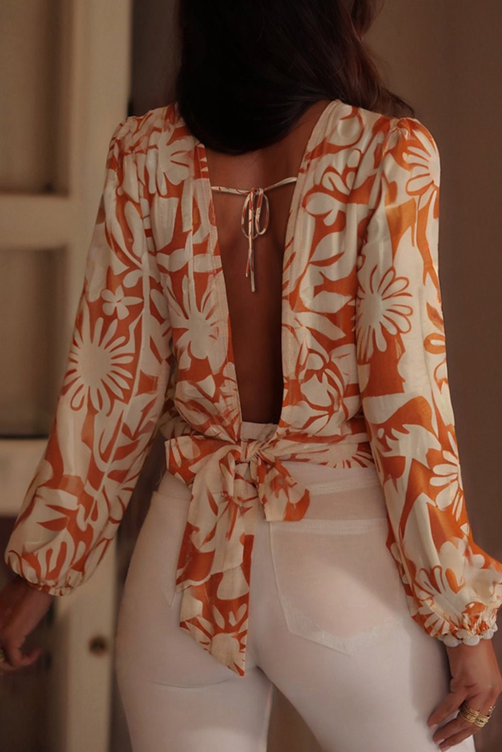 Orange Floral Print Knotted Open Back Long Sleeve Blouse - Crowned Energy CO.