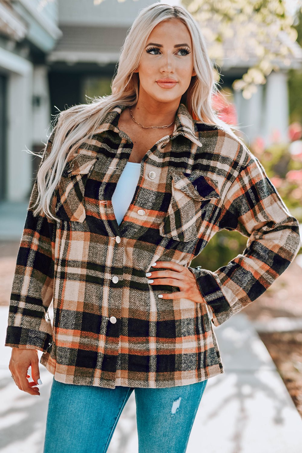 Orange Geometric Plaid Print Pocketed Shacket - Crowned Energy CO.