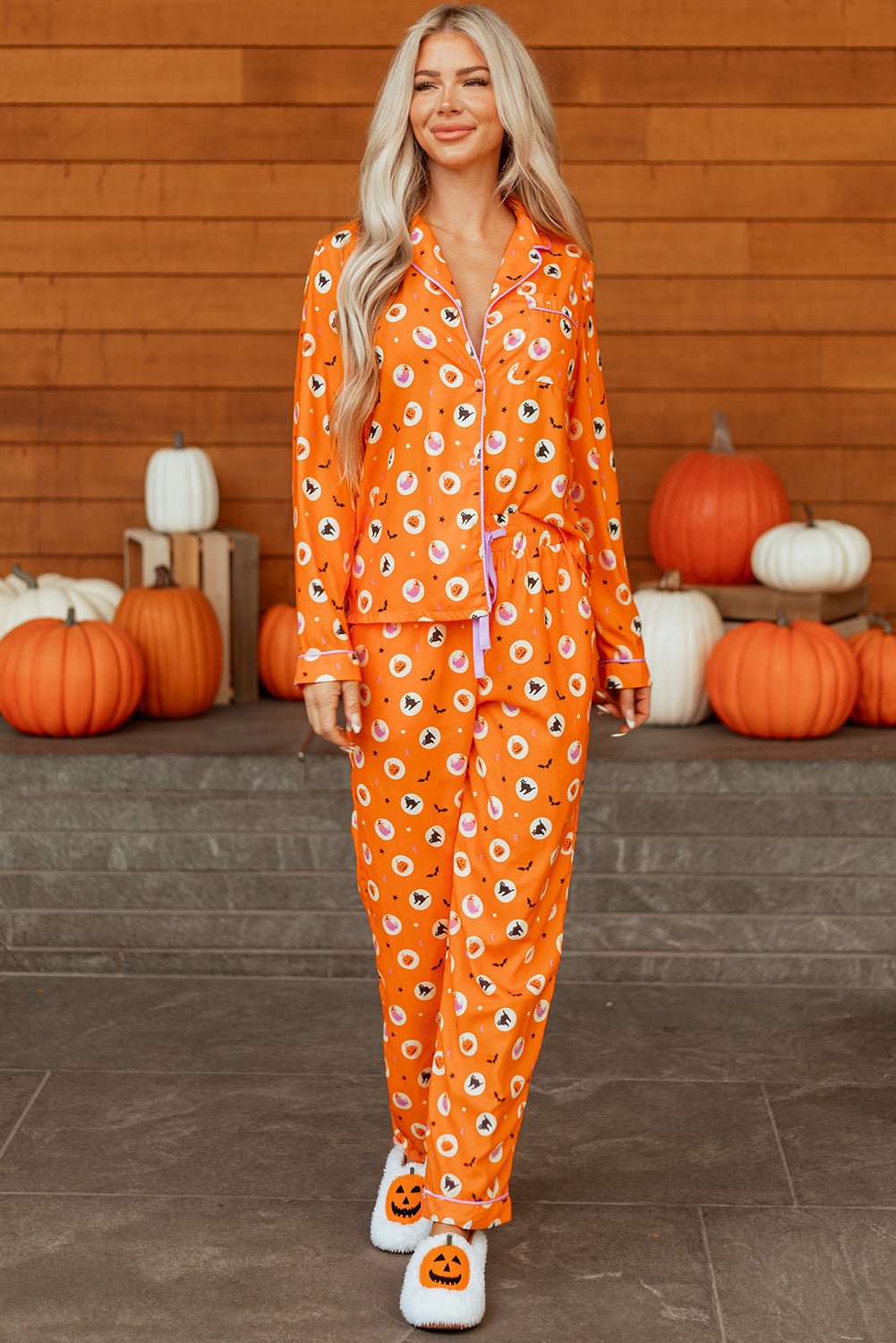 Orange Halloween Print Lapel Shirt Long 2pcs Pajama Set - Crowned Energy CO.