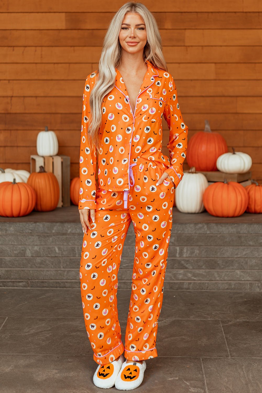 Orange Halloween Print Lapel Shirt Long 2pcs Pajama Set - Crowned Energy CO.