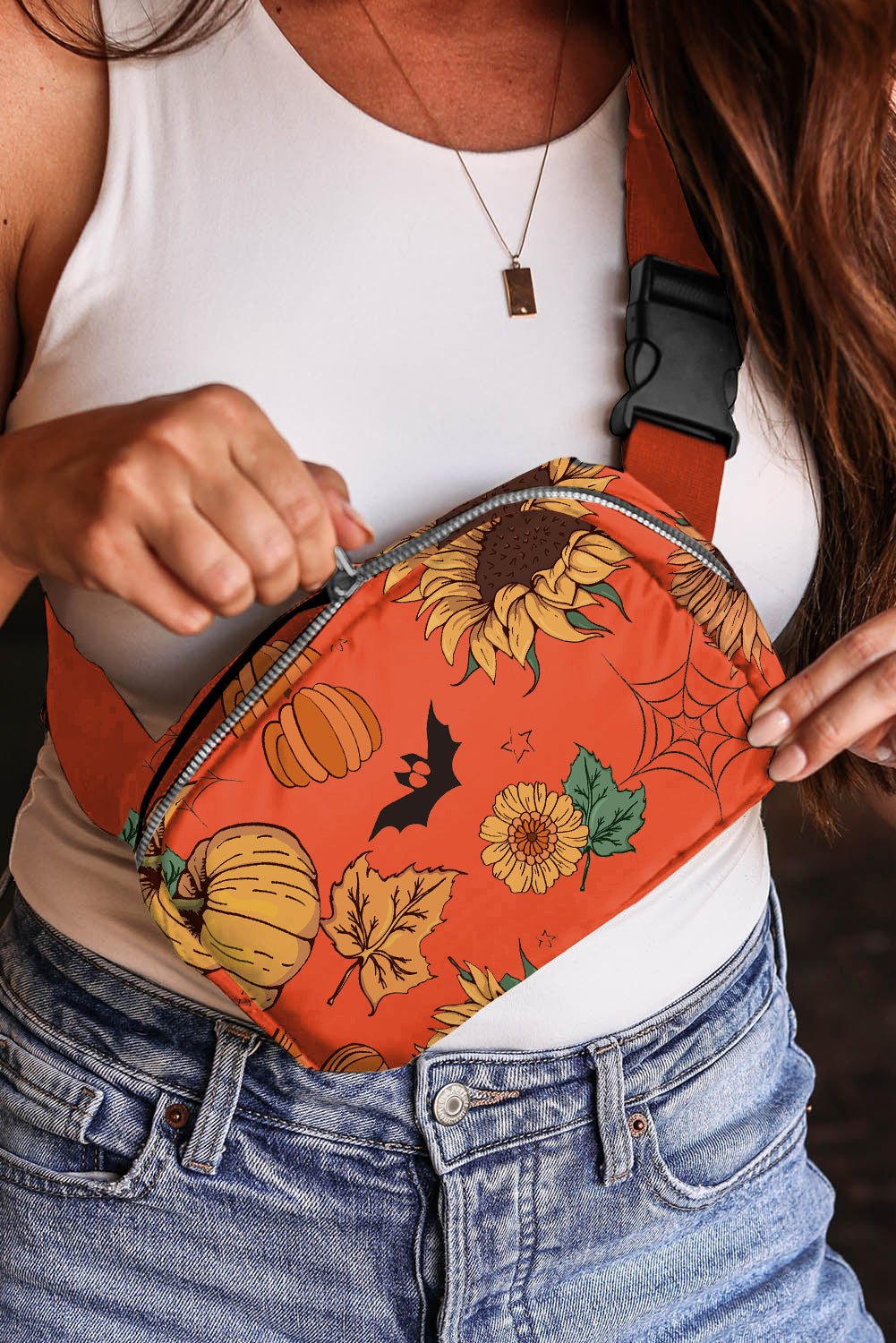 Orange Pumpkin Sunflower Halloween Graphic Crossbody Bag - Crowned Energy CO.