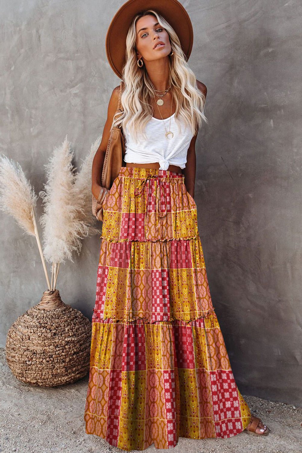Orange Tiered Paisley Print Pocketed Maxi Skirt - Crowned Energy CO.