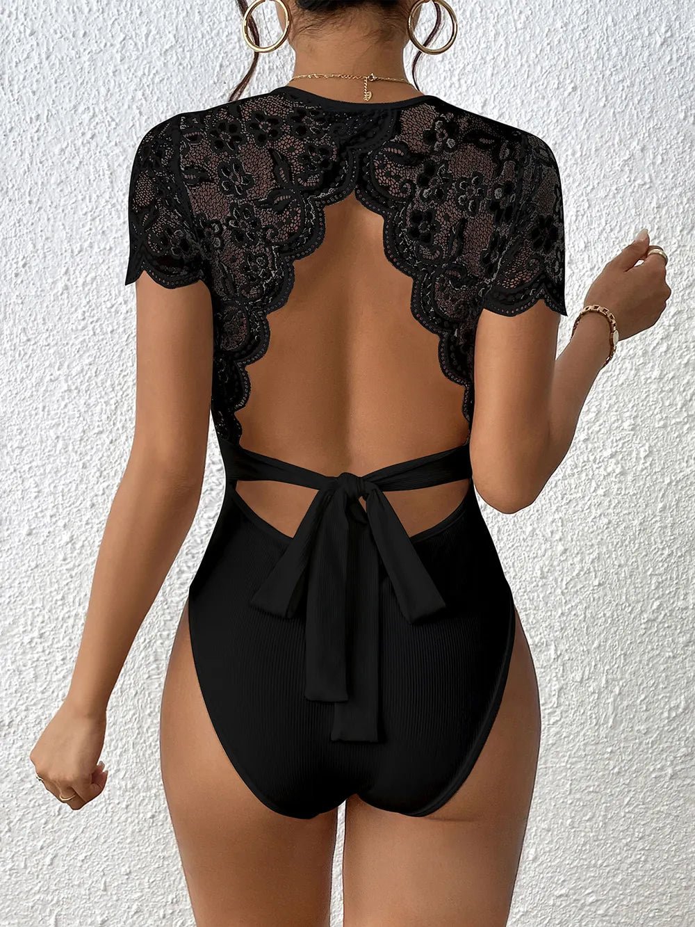 Perfee Lace Backless Round Neck Bodysuit - Crowned Energy CO.
